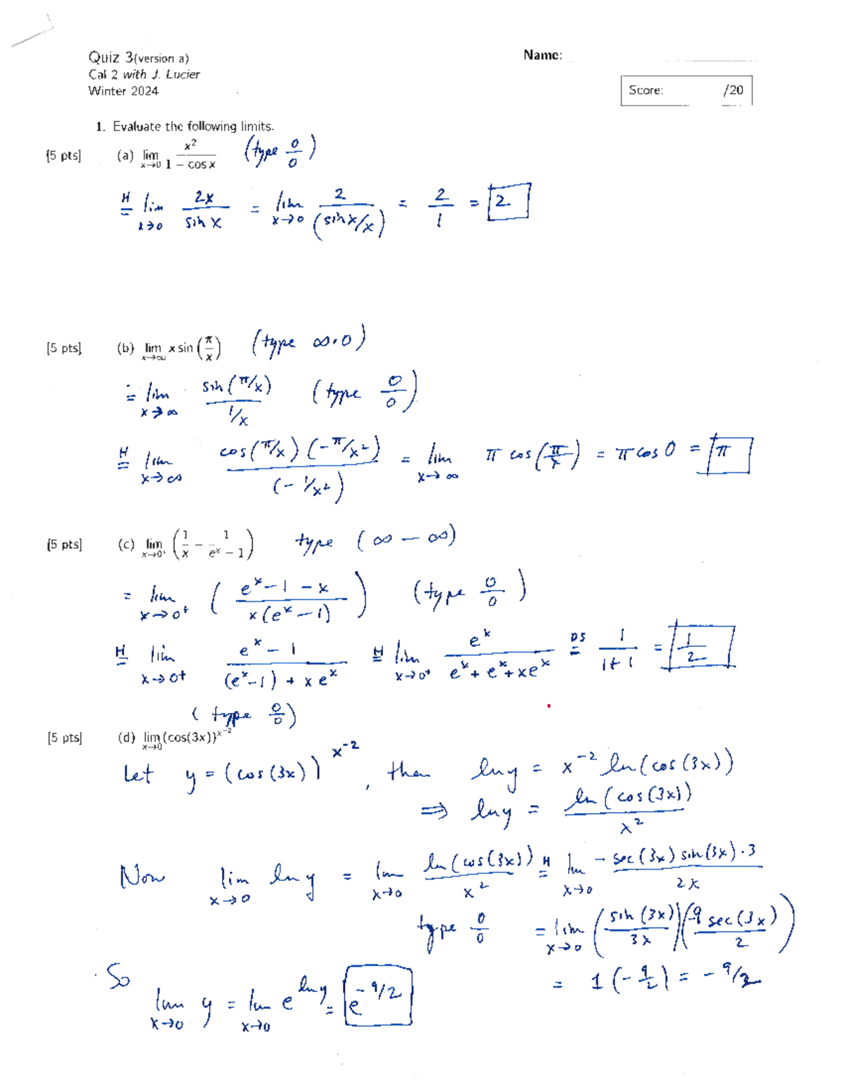 Quiz 3 Solutions - Cal 2 with J. Lucier Winter 2024 - Studocu