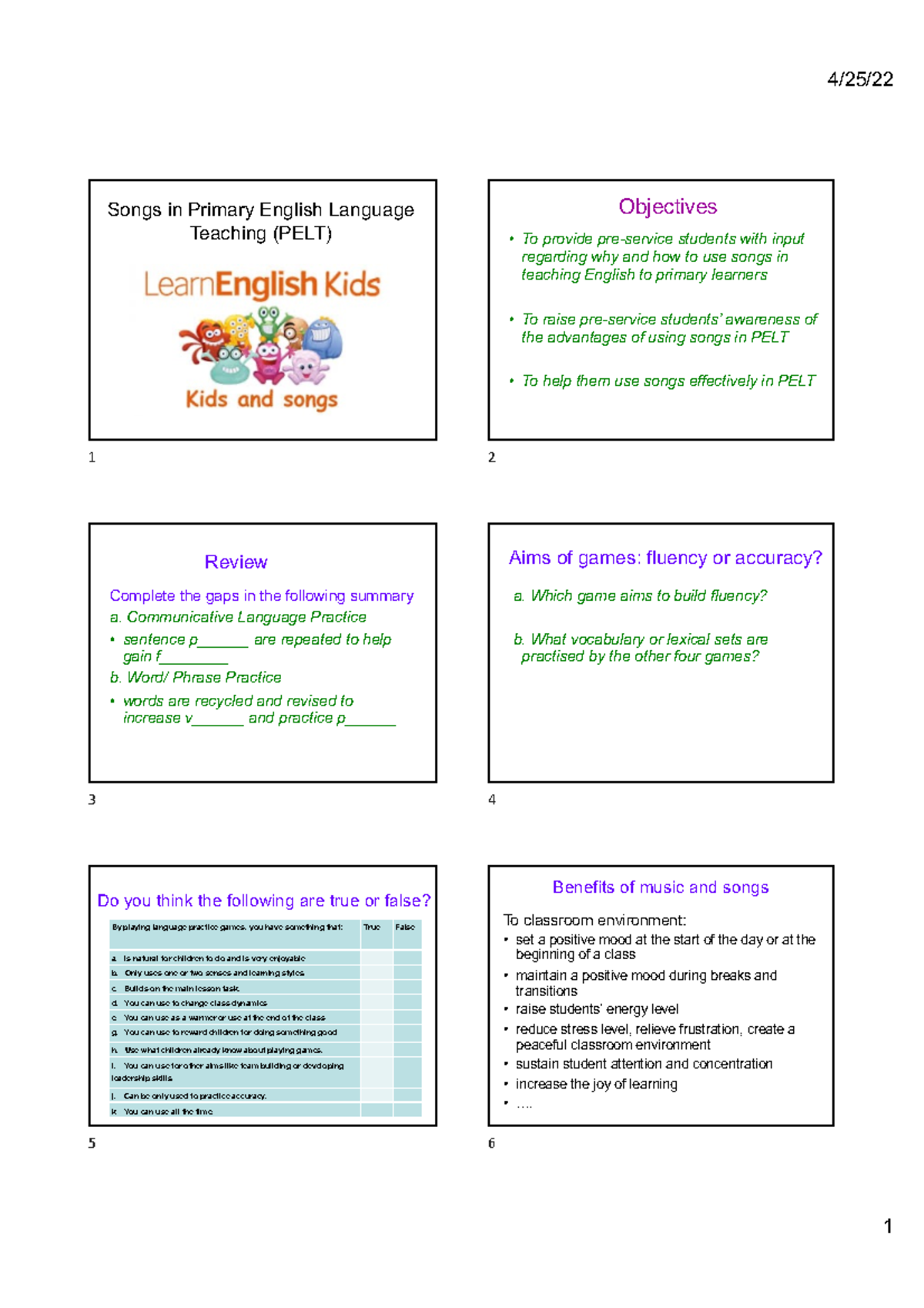 Using Songs TO Teach English Handout - Songs in Primary English ...