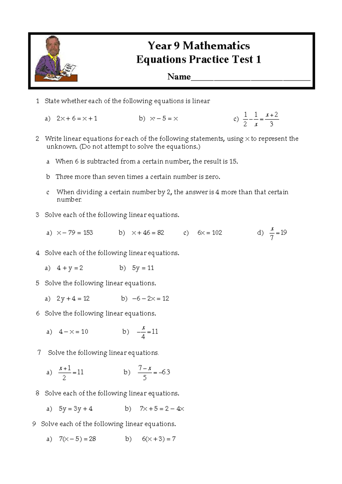 Year 9 Mathematics Equations Practice Test 1: Linear Equations ...
