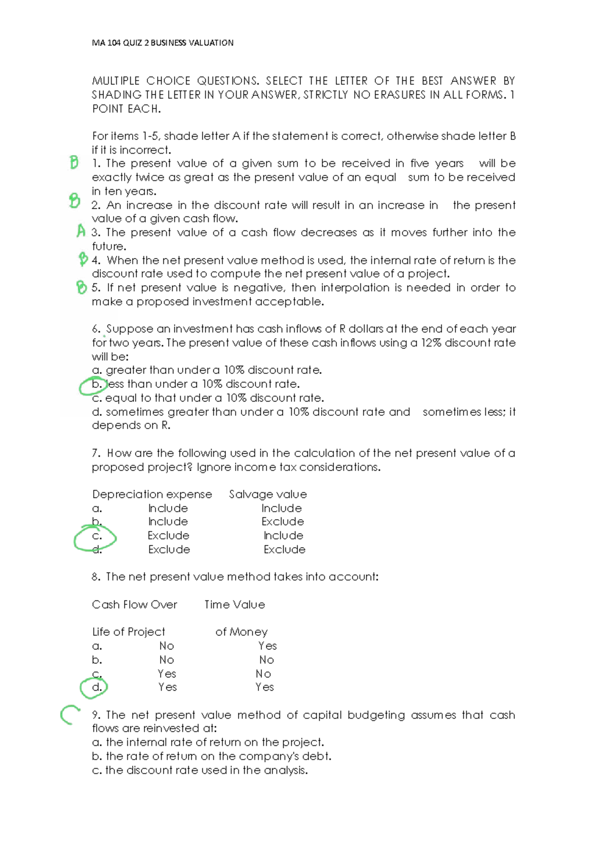 MA 104 QUIZ 2: BUSINESS VALUATION MULTIPLE CHOICE QUESTIONS - Studocu