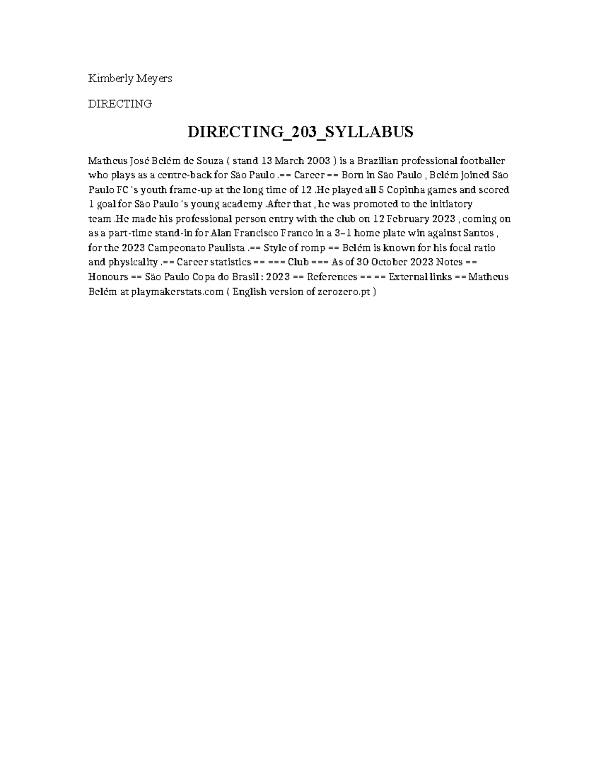 Directing 203 Course Syllabus and Career Overview of Matheus Belém ...