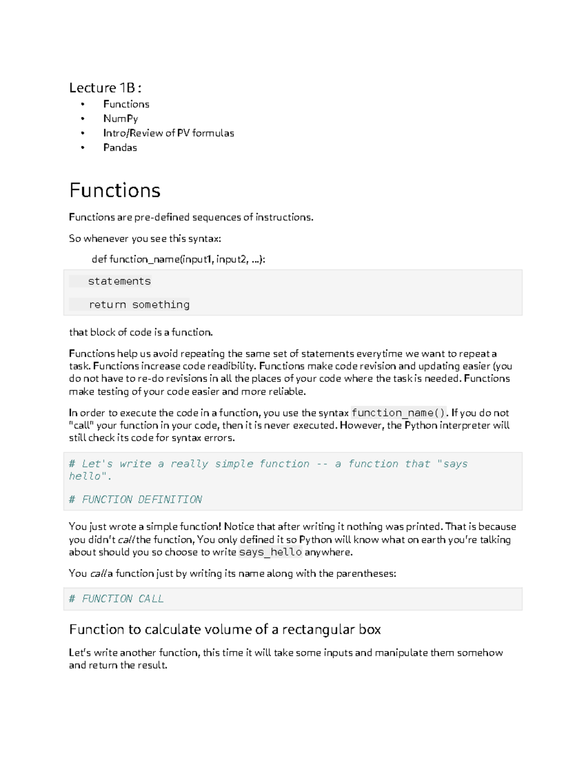 Functions, NumPy, and Pandas in Financial Analysis - Lecture 1B ...