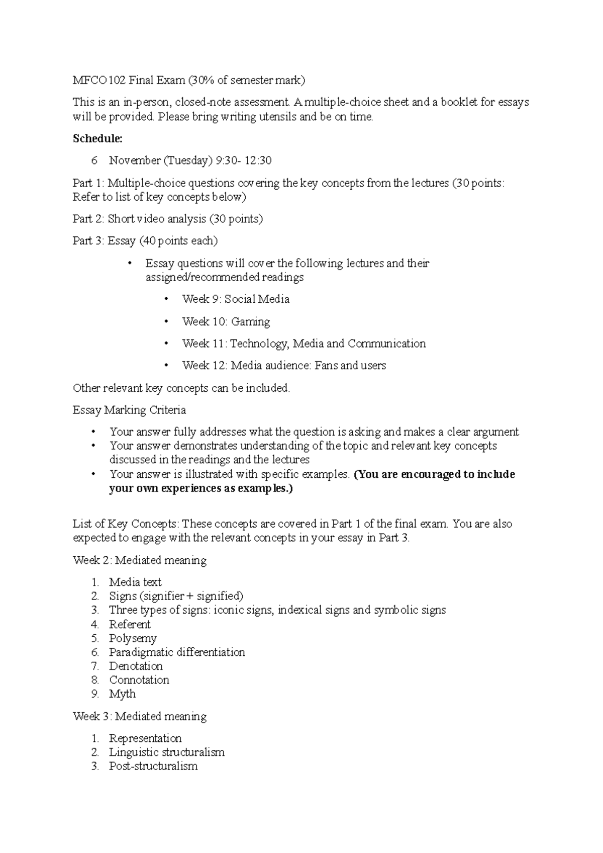 MFCO102 Final Exam Review Sheet: Key Concepts & Essay Prep 2025 - Studocu