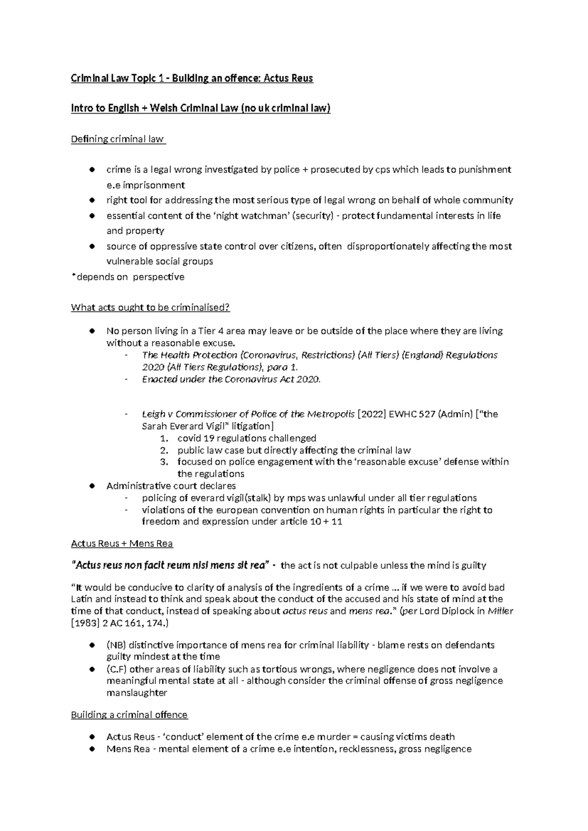 Criminal Law Topic 1 - Building an offence Actus Reus - The Health ...