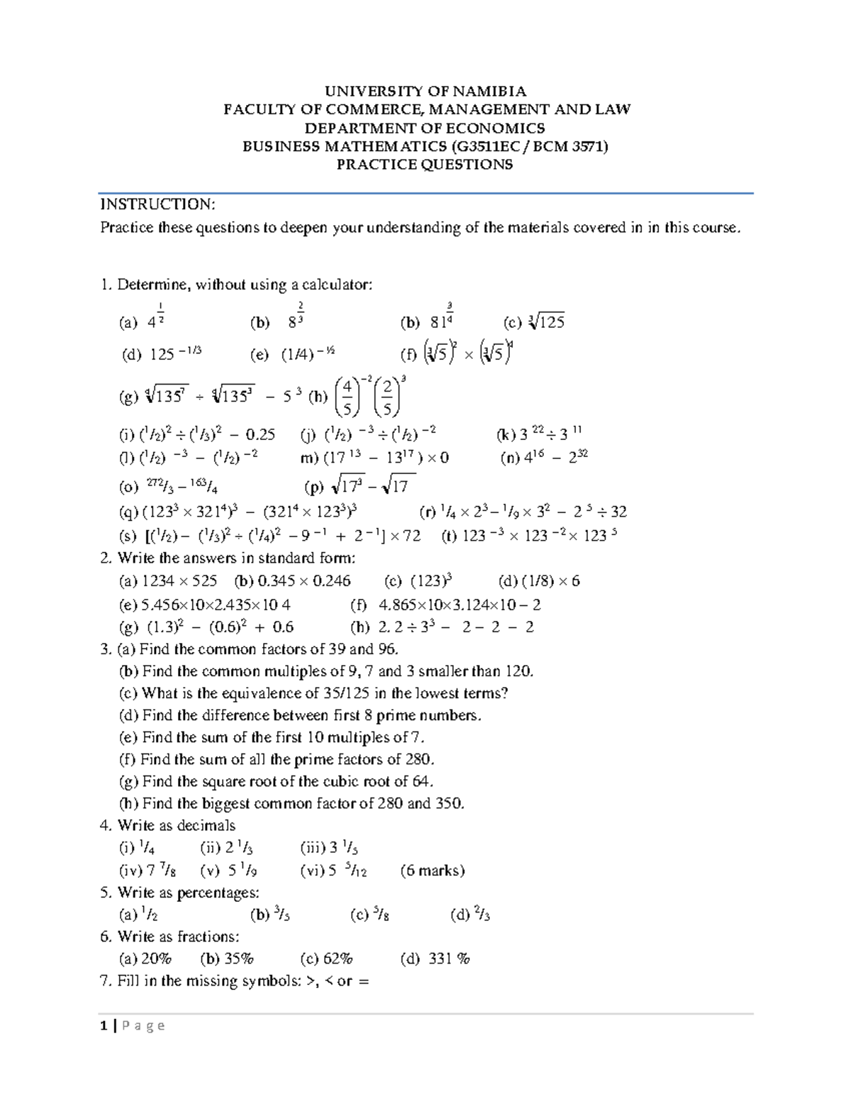 Business Maths Practice Questions - UNIVERSITY OF NAMIBIA FACULTY OF ...