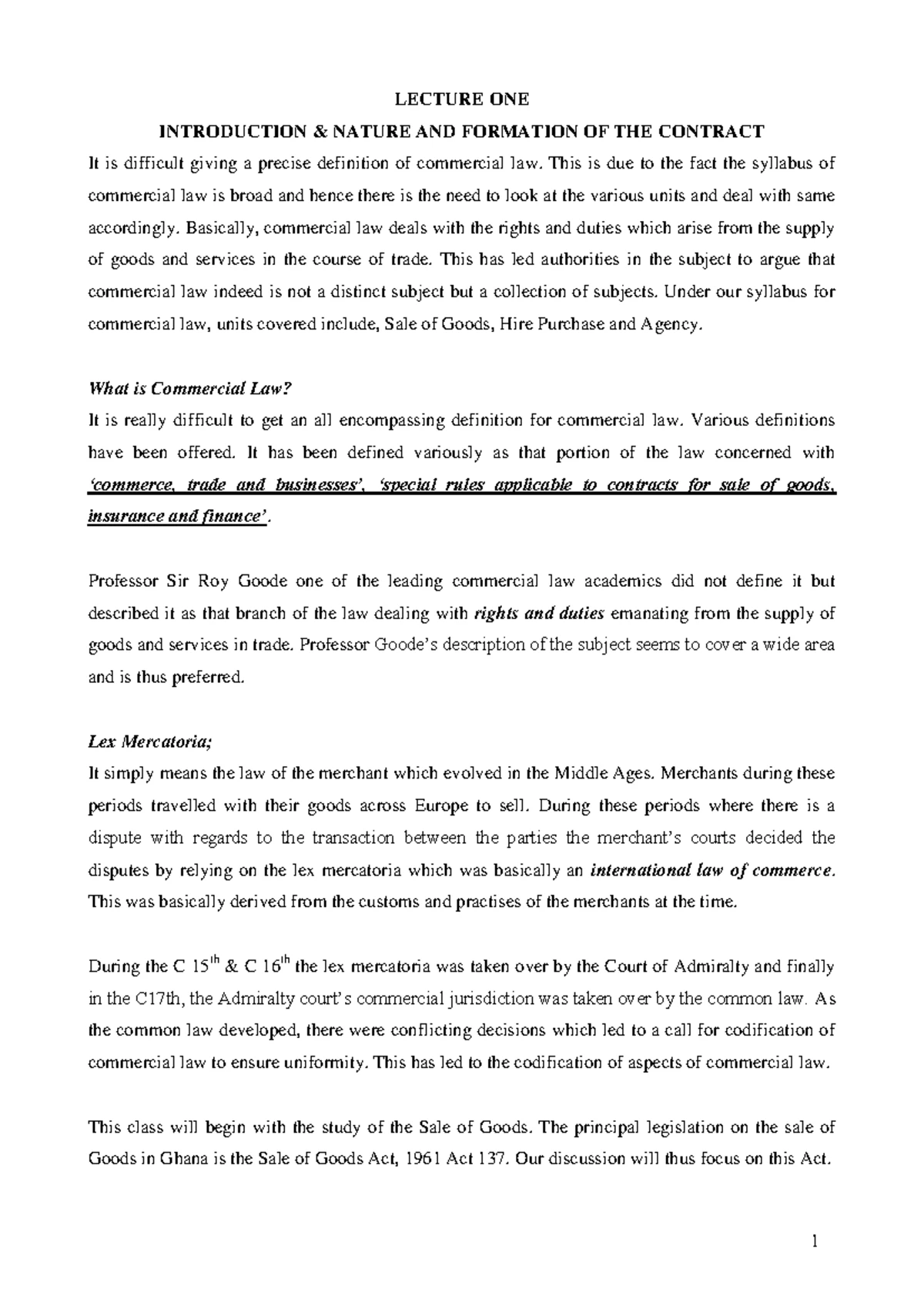Commercial Law - Final Exam Lecture Notes on Sale of Goods Act - Studocu