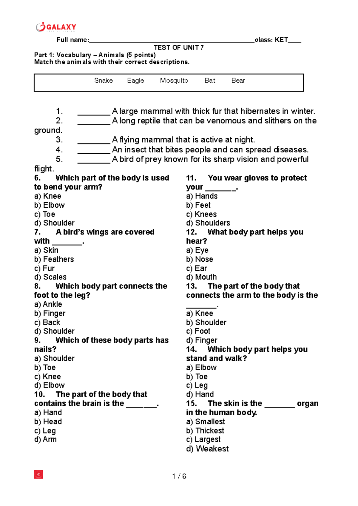 Unit 7 Vocabulary & Grammar Test - KET 2 - Animals & Body Parts - Studocu