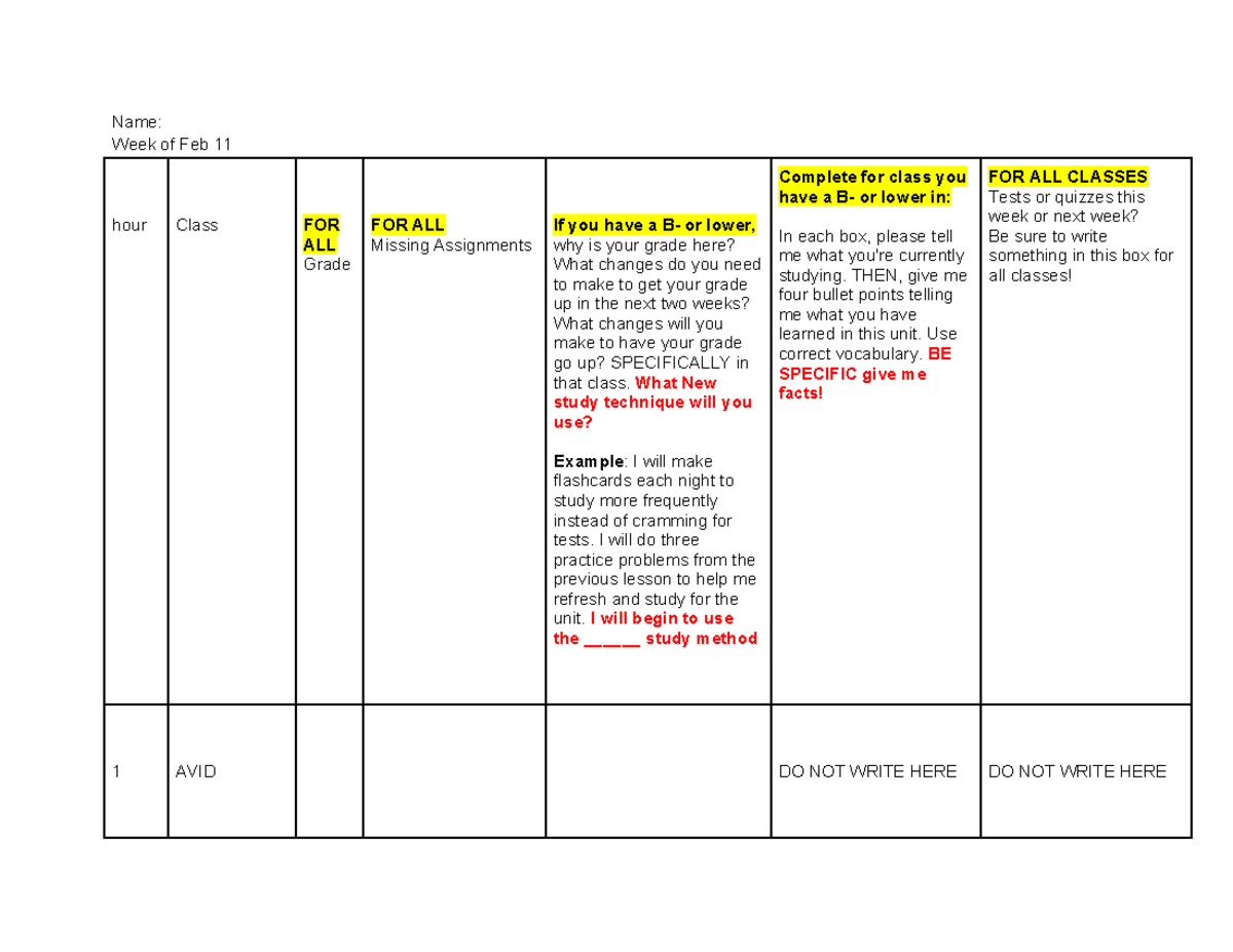 March 3 Learning Log AVID - Name: Week of Feb 11 hour Class FOR ALL ...