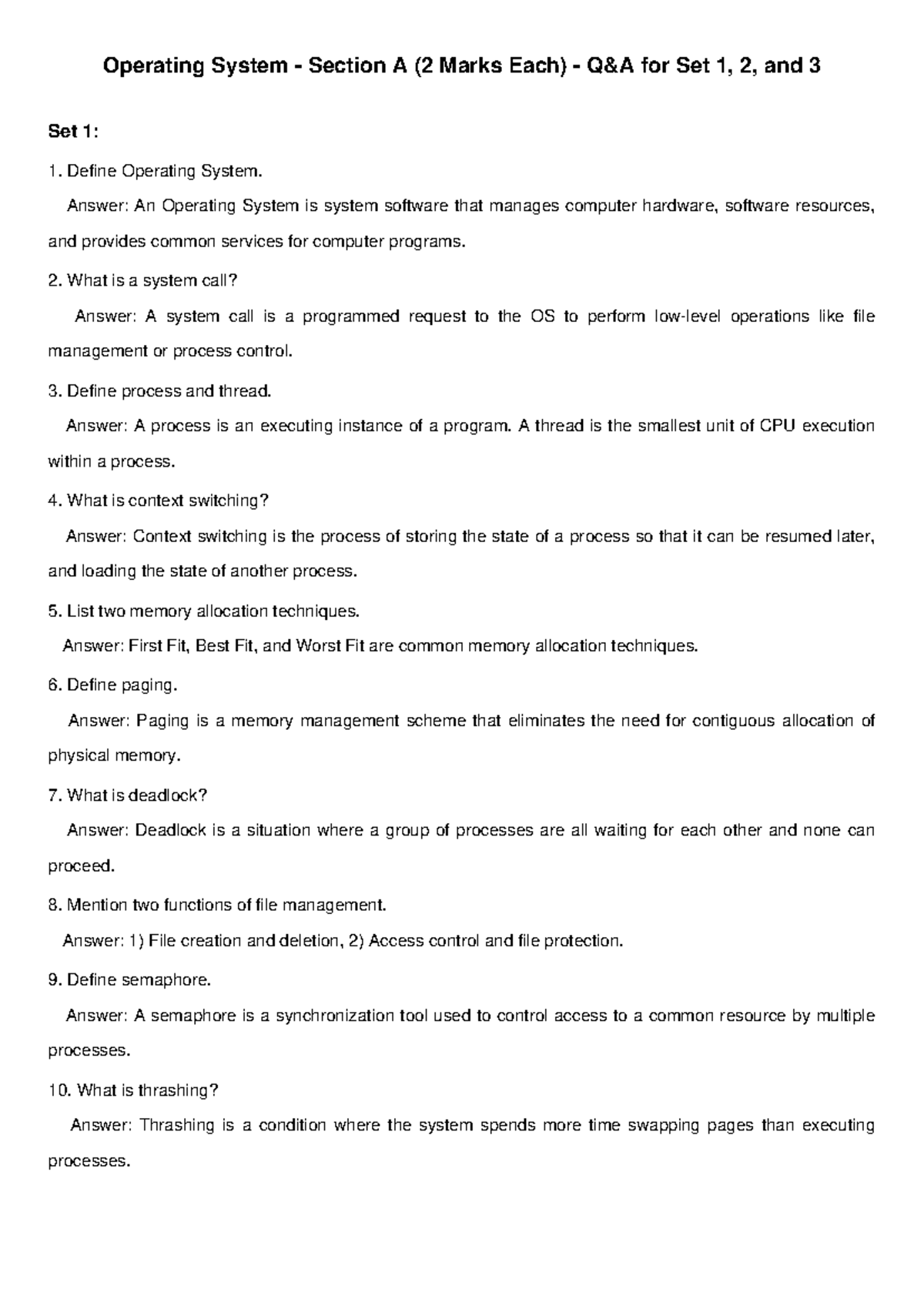 OS Section A QA Sets (2 Marks Each) for Set 1, 2, and 3 - Studocu