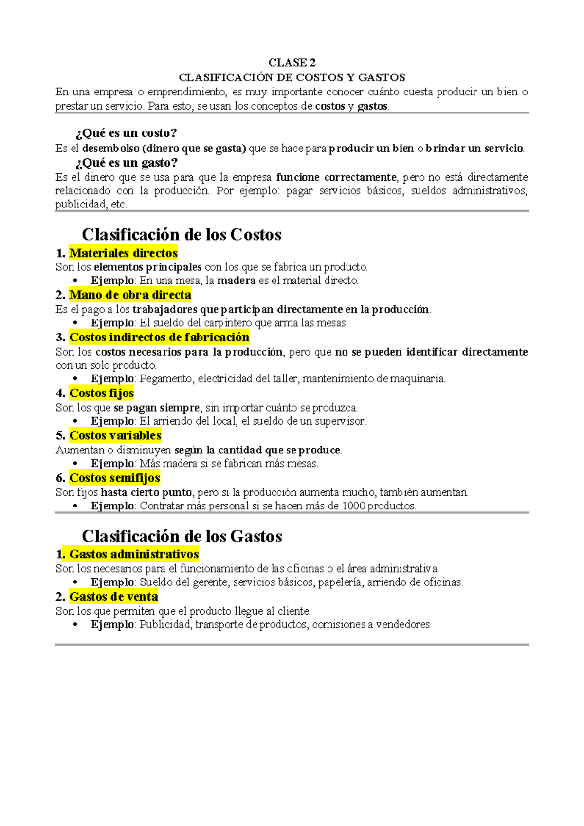 Clase 2: Clasificación de Costos y Gastos en Emprendimientos - GB ...