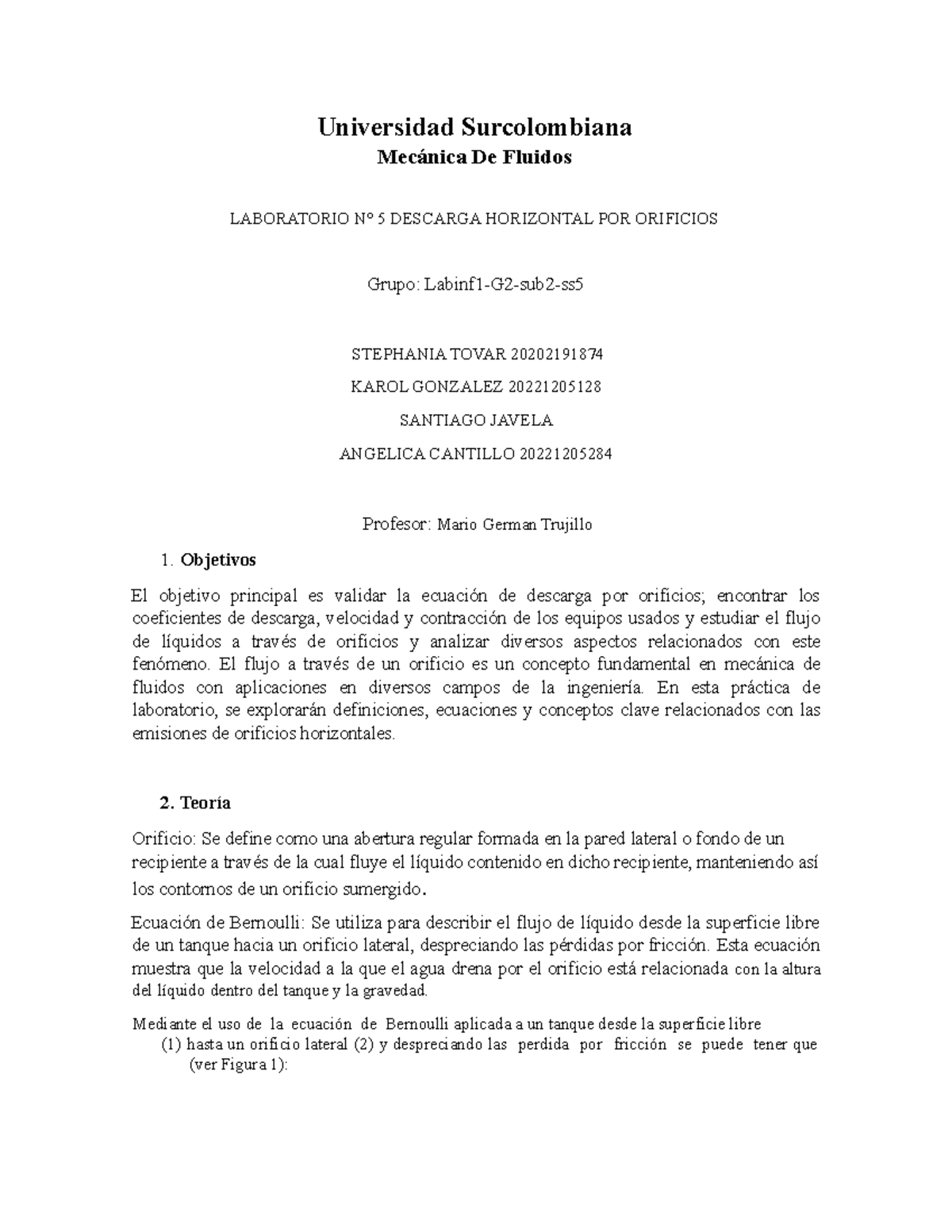 Laboratorio 5: Estudio de Descarga Horizontal por Orificios - Mecánica ...
