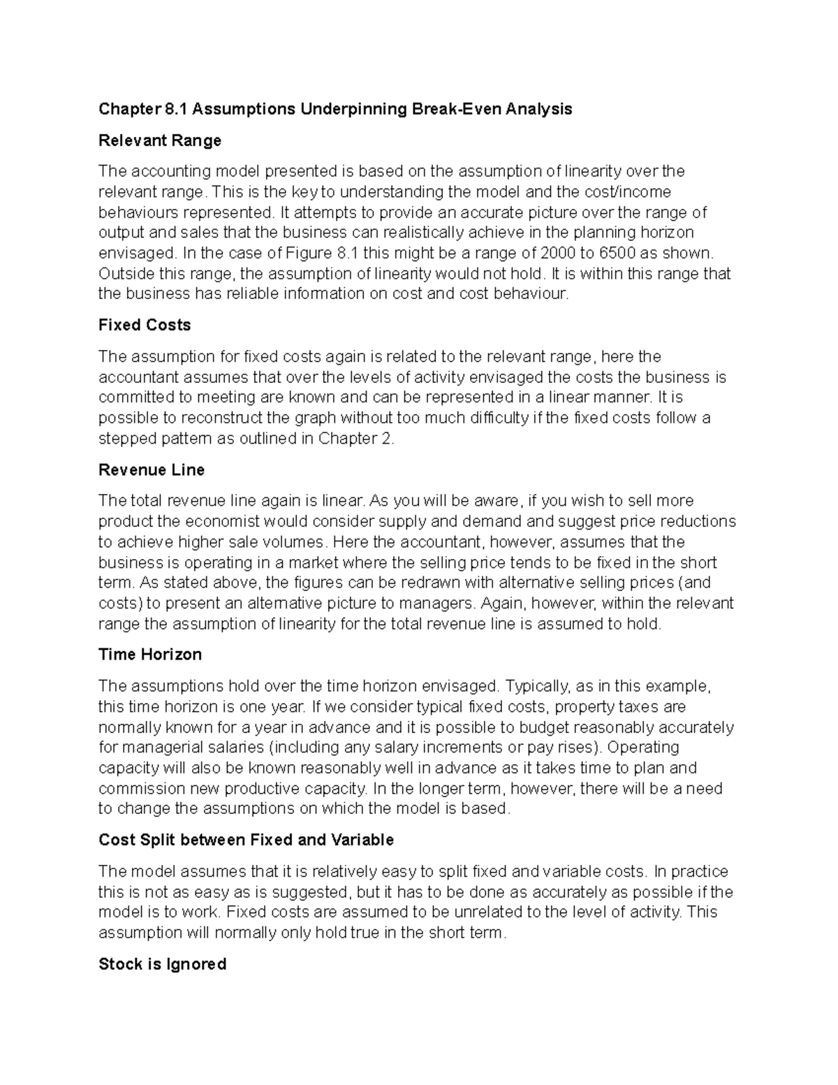 Chapter 8.1 Key Assumptions in Break-Even Analysis Explained - Studocu