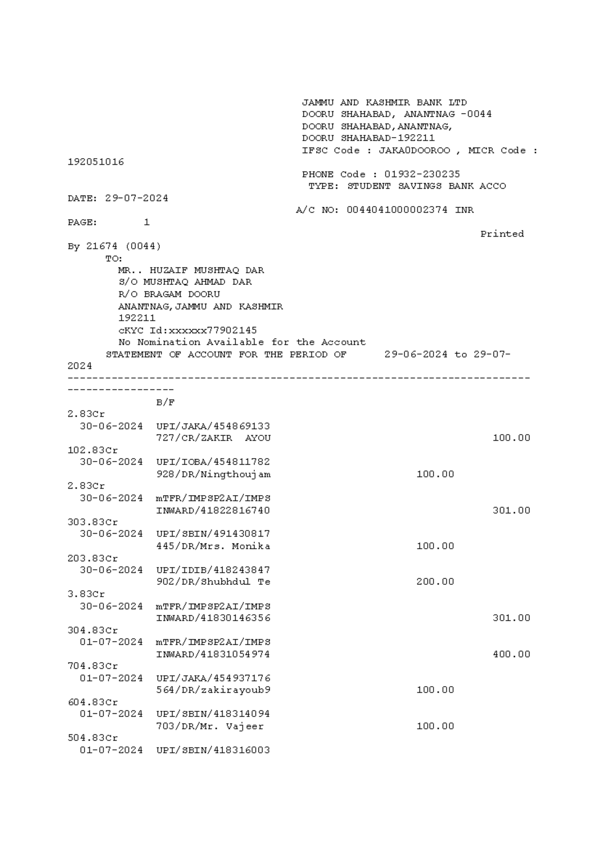 Bank Statement for Student Account - Jammu & Kashmir (29-06-2024 to 29 ...