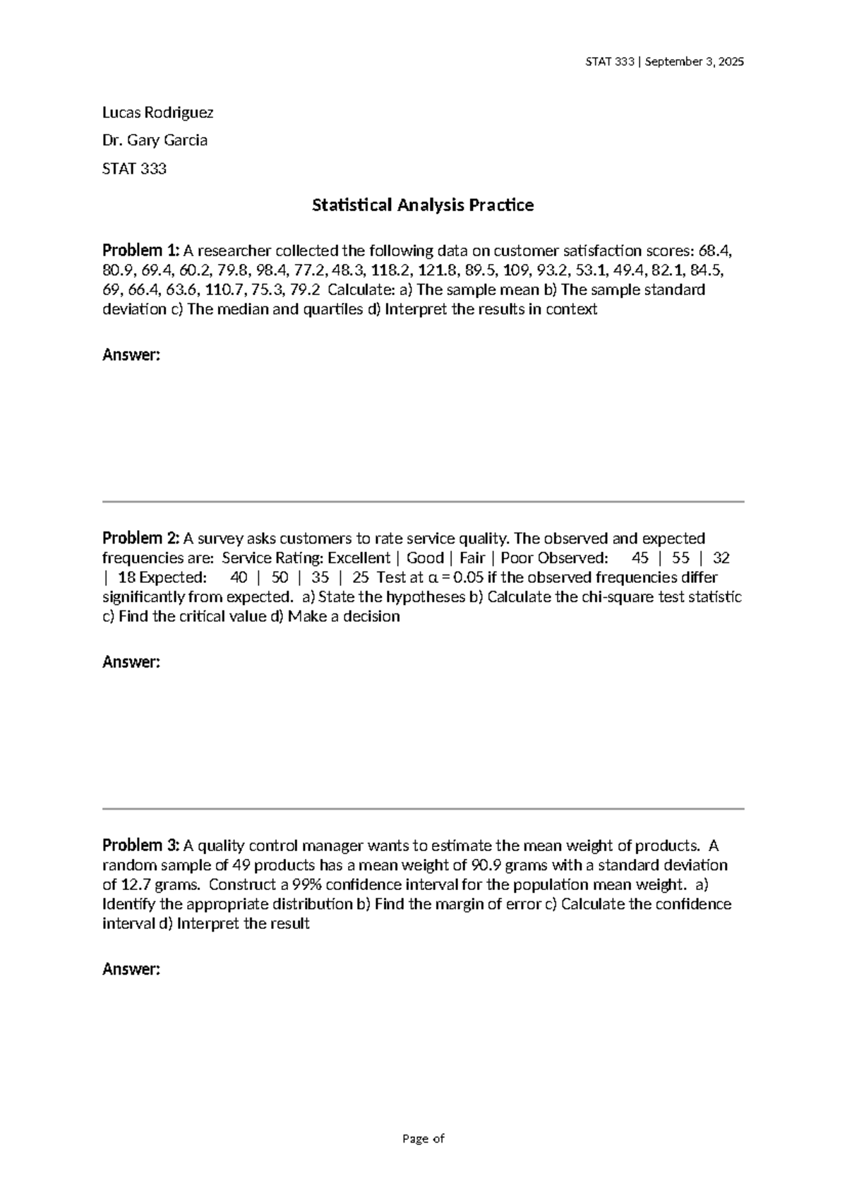 STAT 274 Winter 2025 Statistical Analysis Practice Problems - Studocu