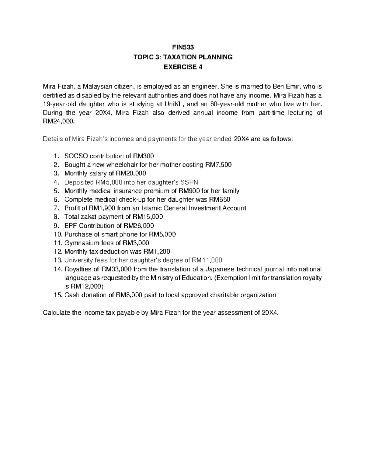 FIN533 TOPIC 3: TAXATION PLANNING EXERCISE 4 NOTES - Studocu