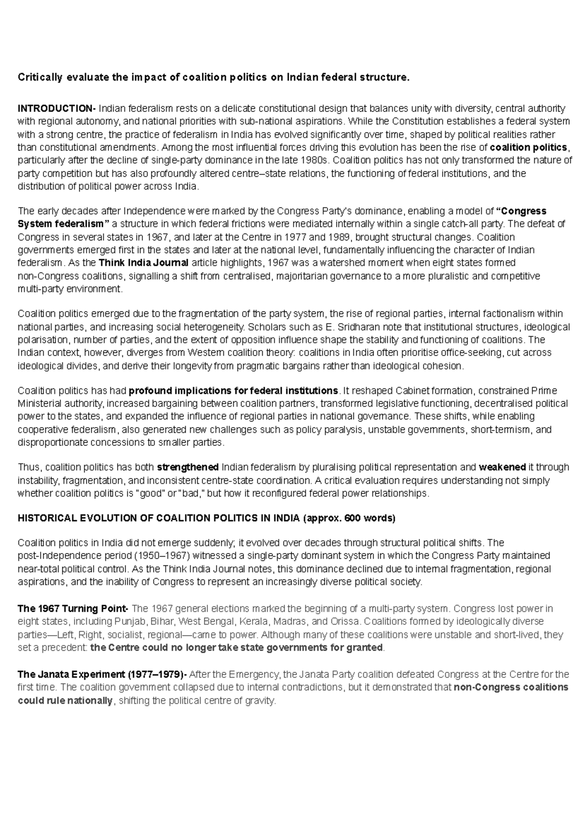 Unit 1 - Mandatory Assignments: Coalition Politics & Indian Federalism ...