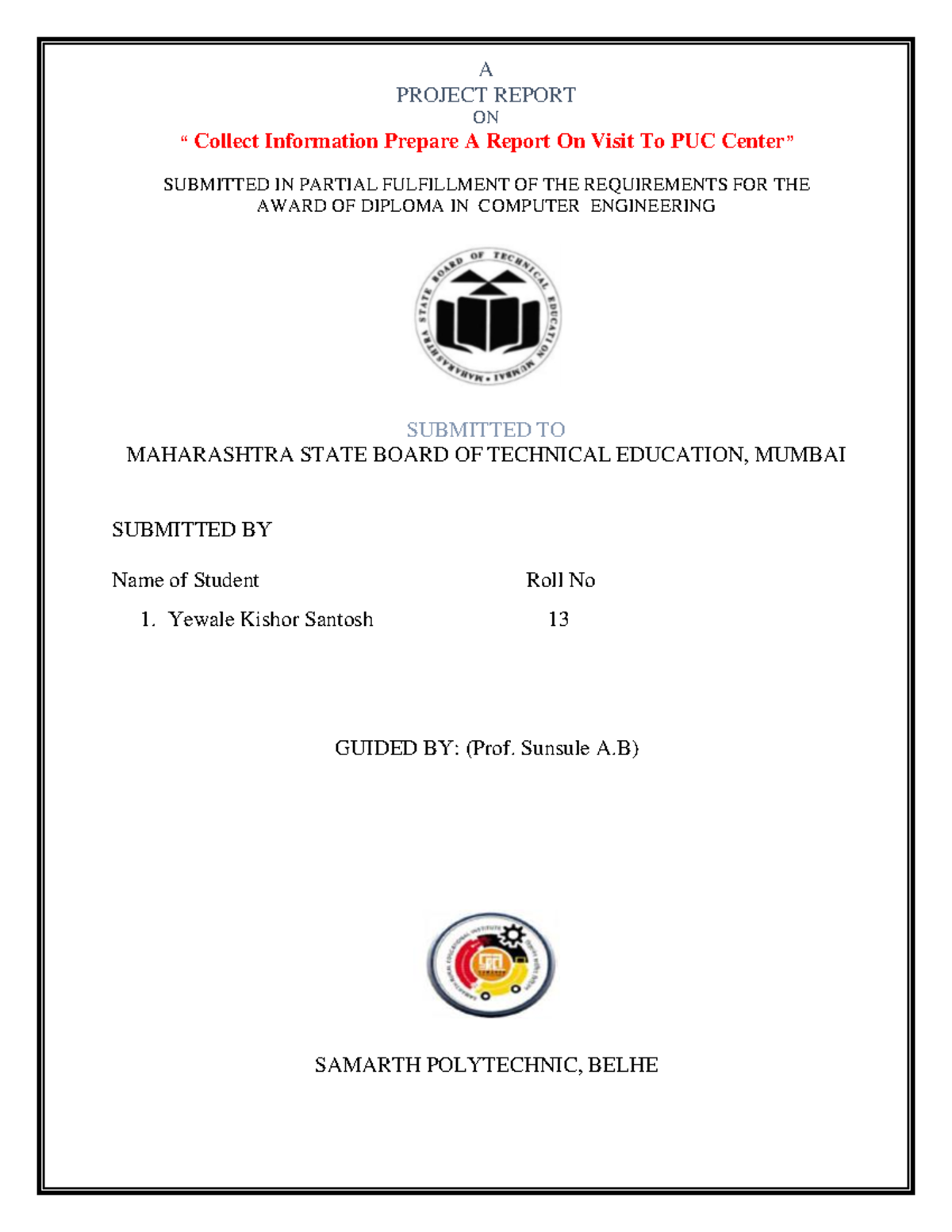 CO-5I Project Report: Visit to PUC Center - Diploma in Computer ...