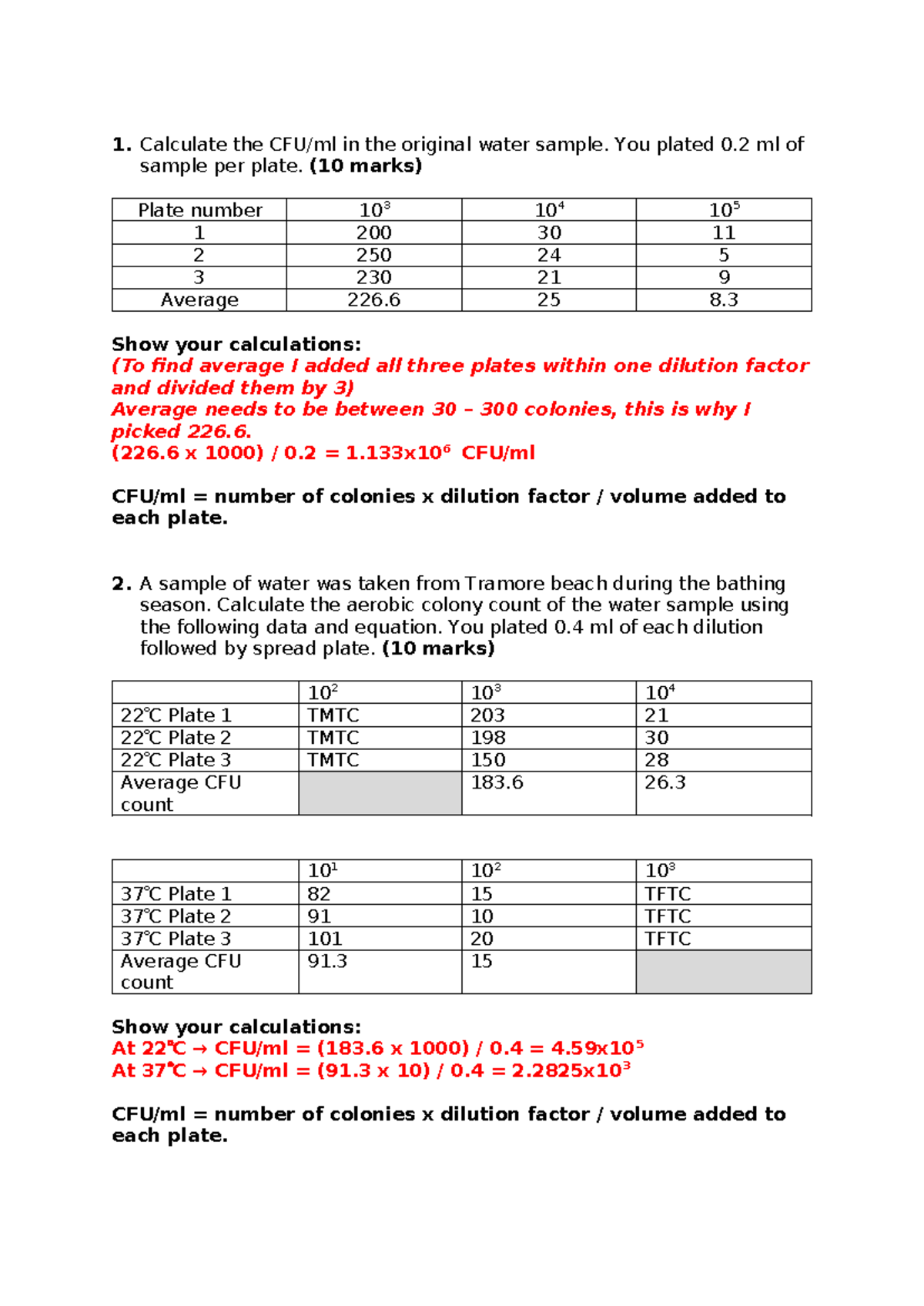 Biology Lab Worksheet: CFU/ml Calculations and Analysis - Studocu