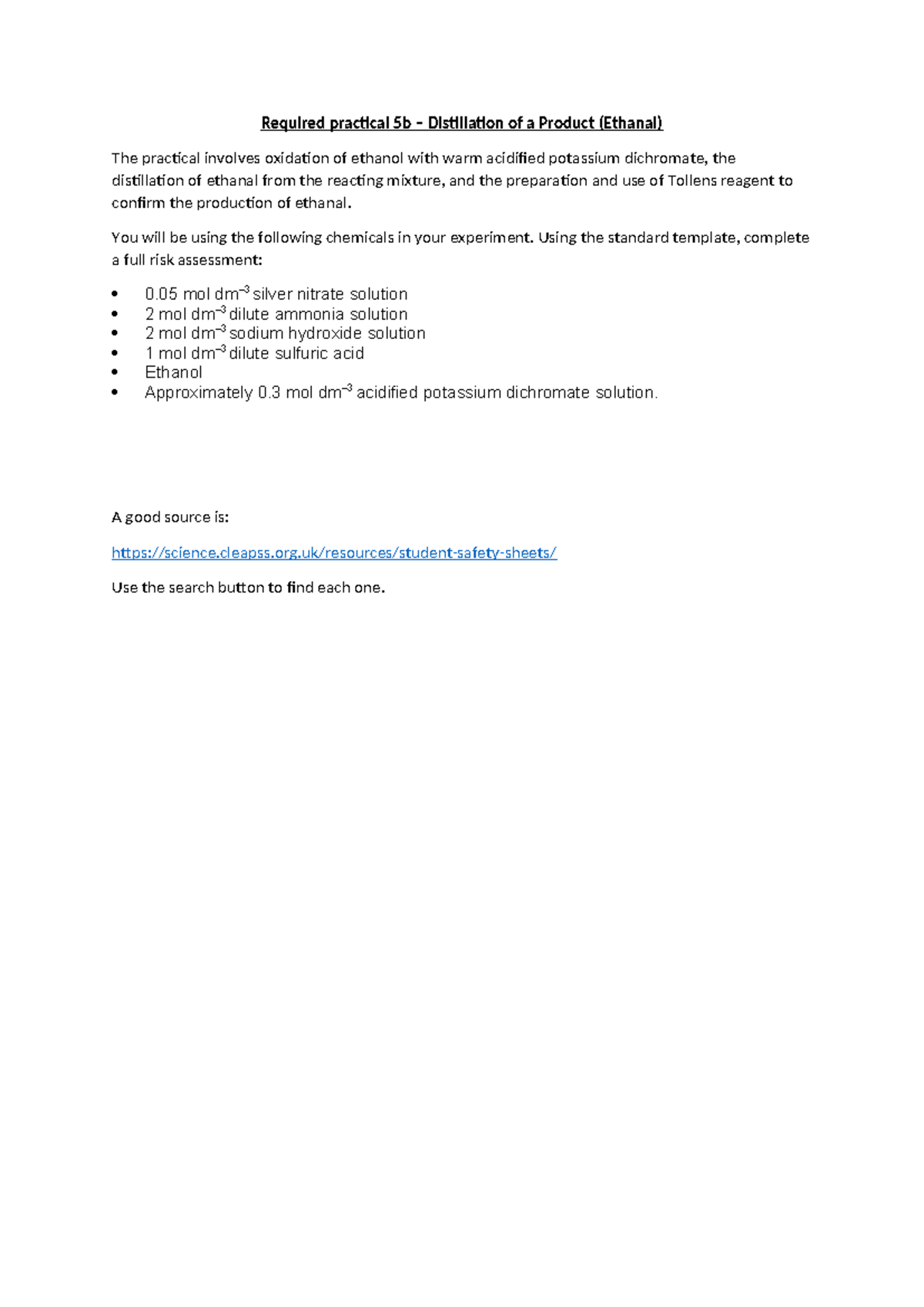 Required Practical 5 - Risk Assessment for Ethanal Distillation - Studocu