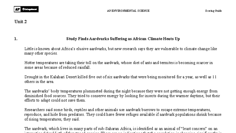 AP ENVIRONMENTAL SCIENCE Unit 2 Scoring Guide and Practice Questions ...