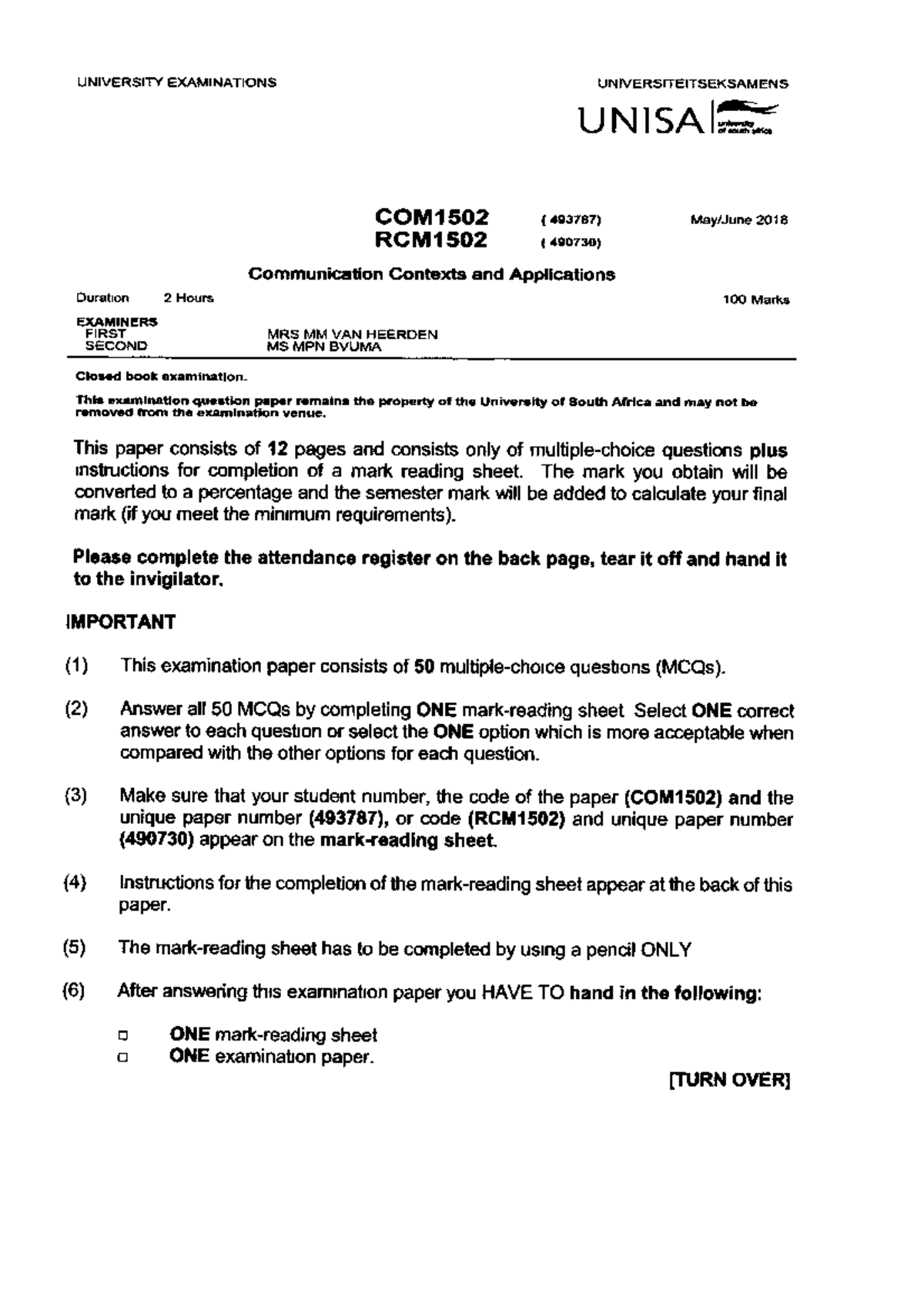 COM1502 2018 6 E 1 question paper - COM1501 - Studocu