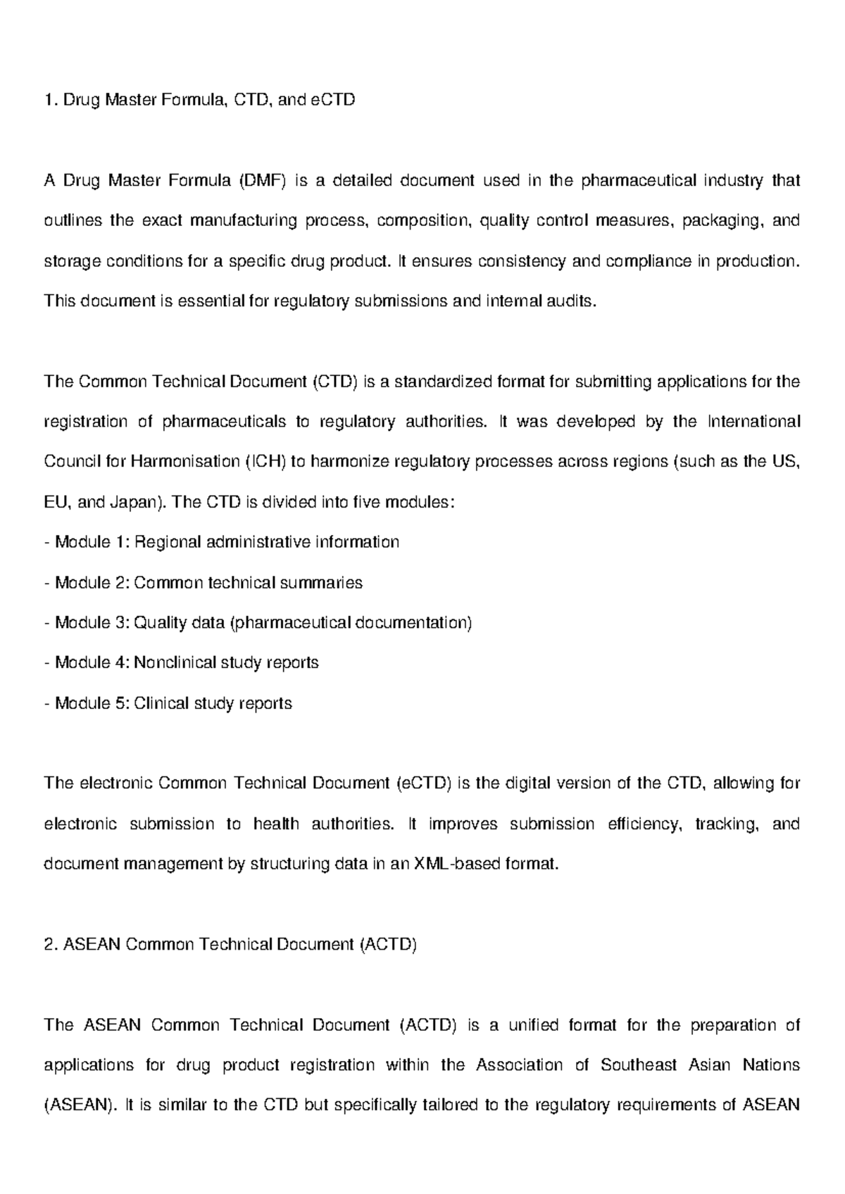 Pharma Regulatory Documentation: DMF, CTD, eCTD, ACTD Overview - Studocu