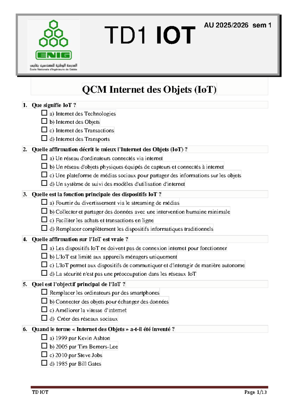 TD1 IOT AU Sem 1 QCM sur Internet des Objets (IoT) 2025 - Studocu