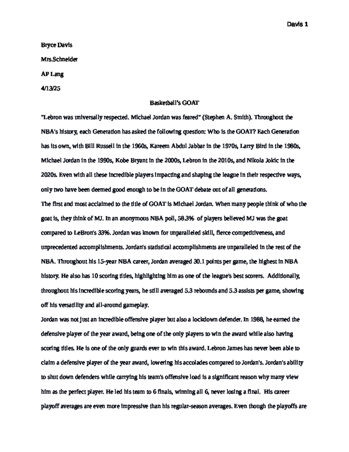 AP Lang Dissoi Logoi Essay: The GOAT Debate - MJ vs. LeBron - Studocu