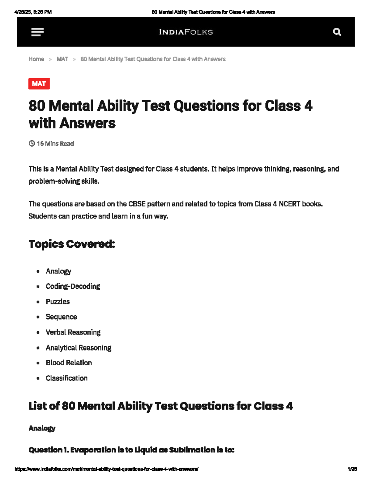 MAT Class 4 Mental Ability Test: 80 Questions with Answers - Studocu