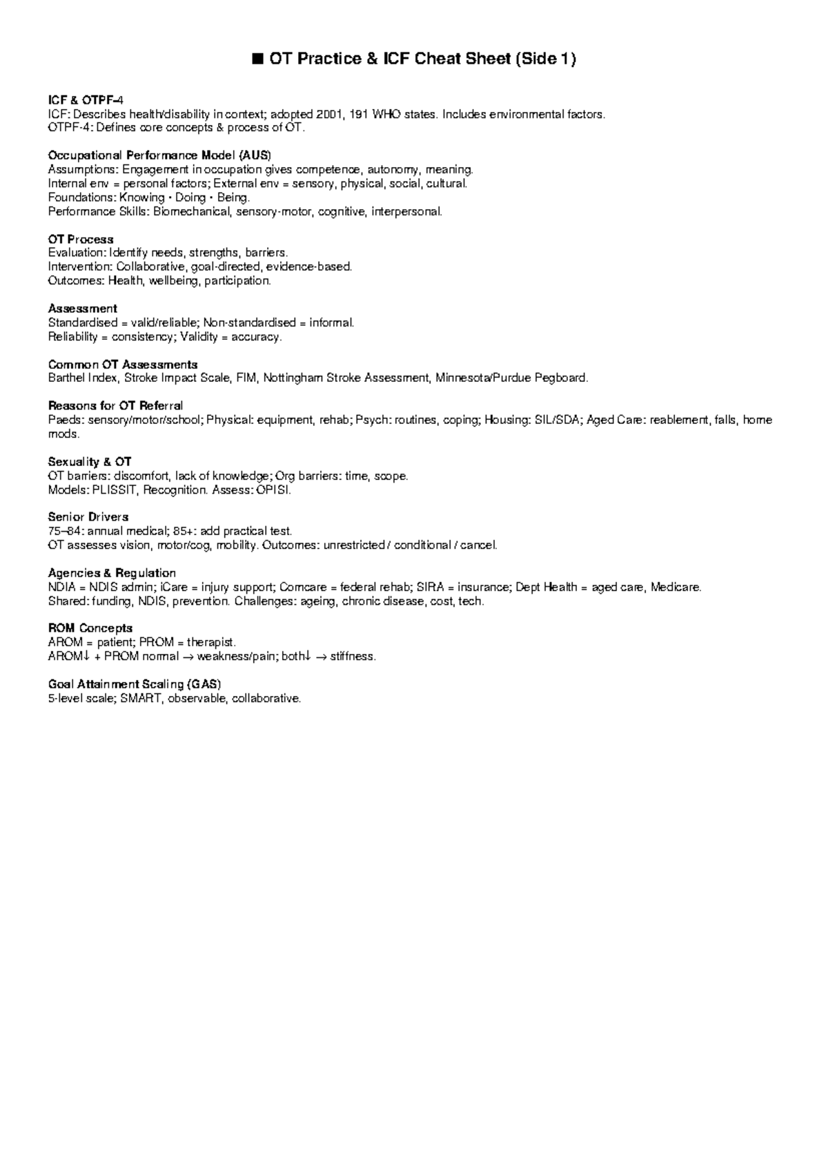OT Practice ICF Cheat Sheet: Key Concepts & Assessments - Studocu