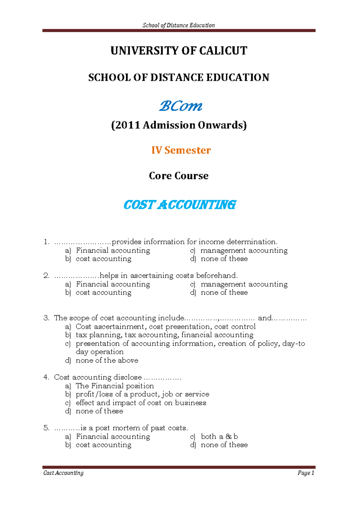 QB BCom IV Sem Core Cost Accounting Study Notes - March 2016 - Studocu
