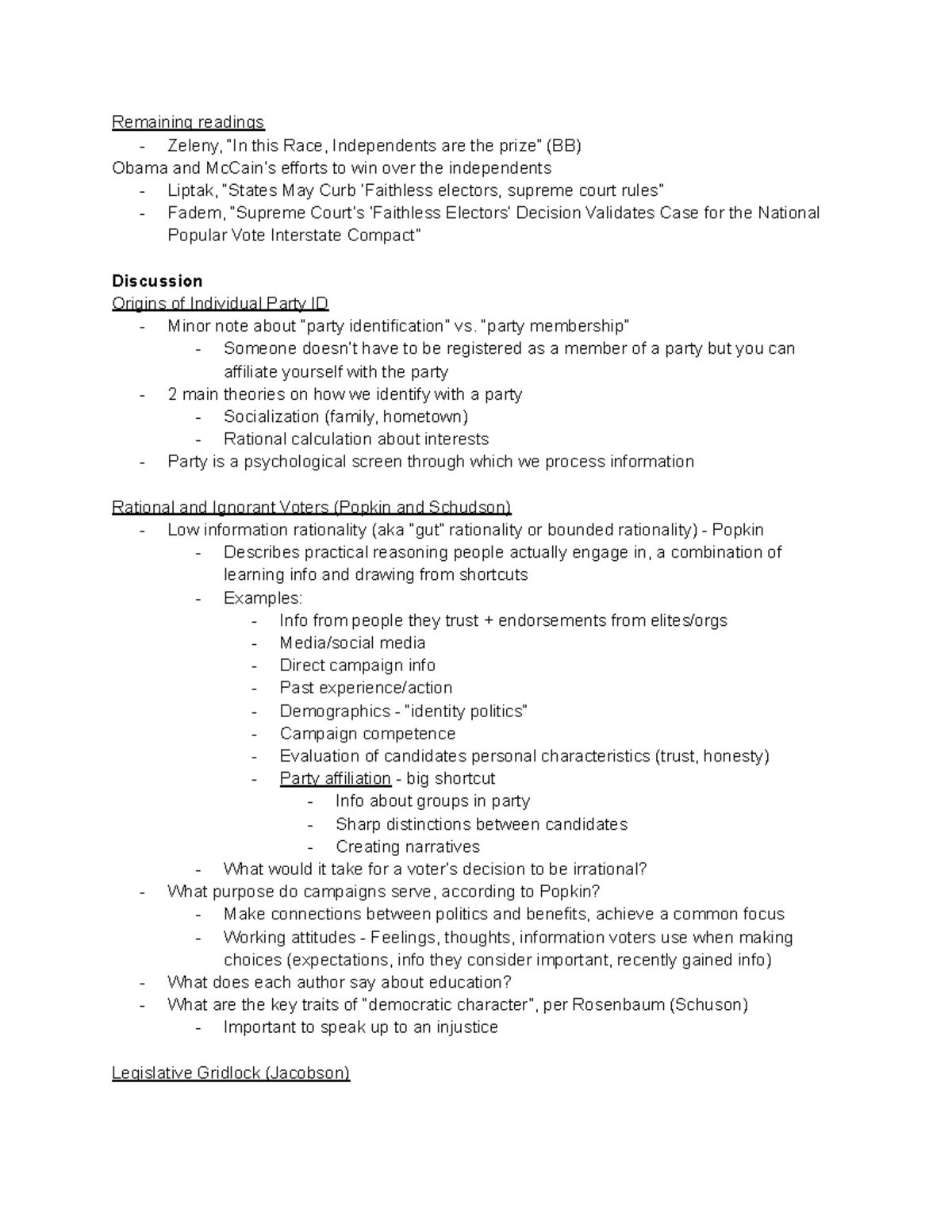 Week 6 Elections: American Politics Lecture Notes and Discussion Topics ...