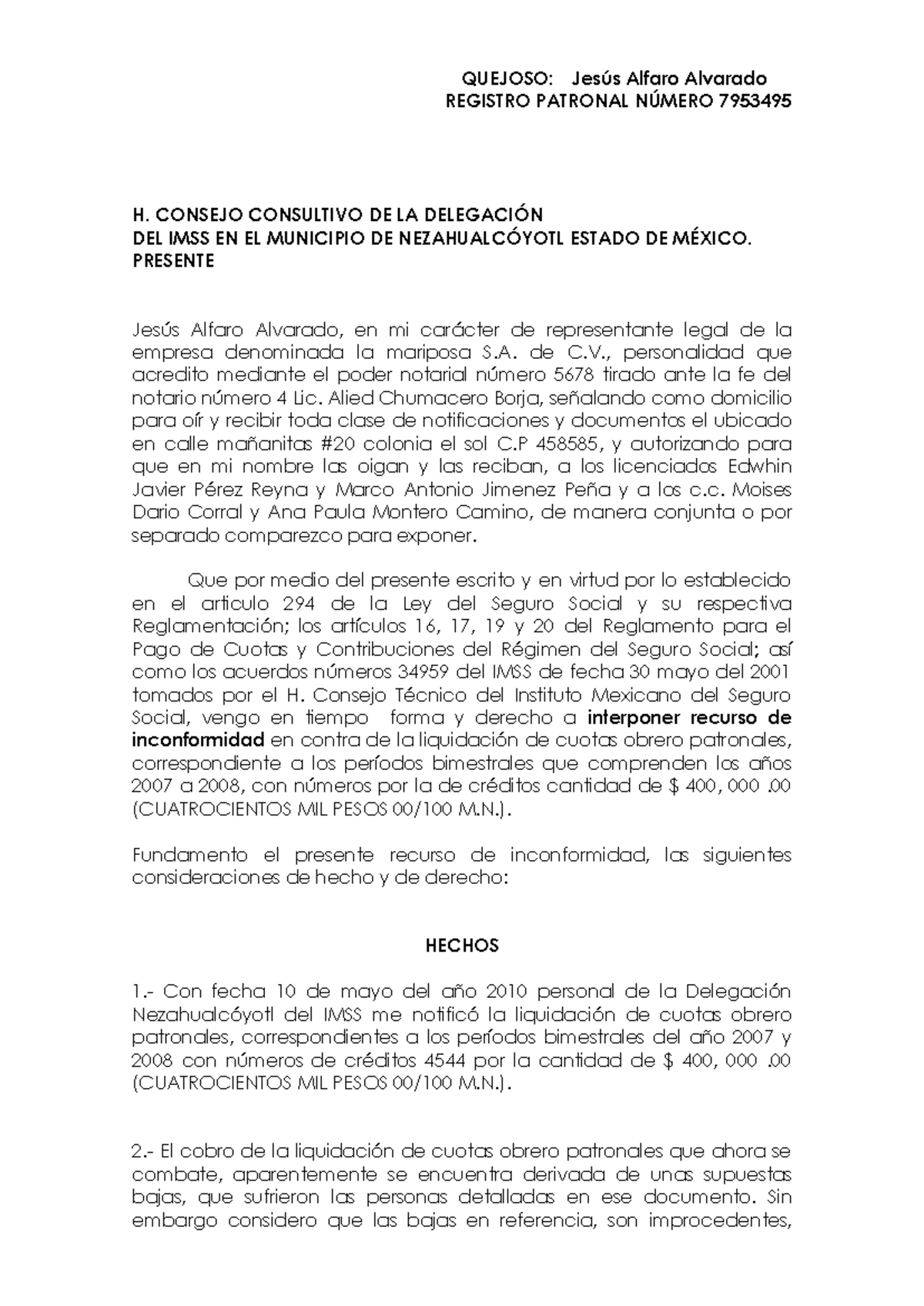 Recurso de Inconformidad IMSS - Liquidación de Cuotas Obrero Patronales - Document Preview