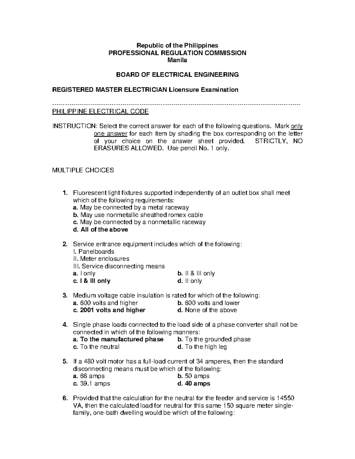 Master Electrician Licensure Exam Sample Practice - 10 May 2016 - Studocu