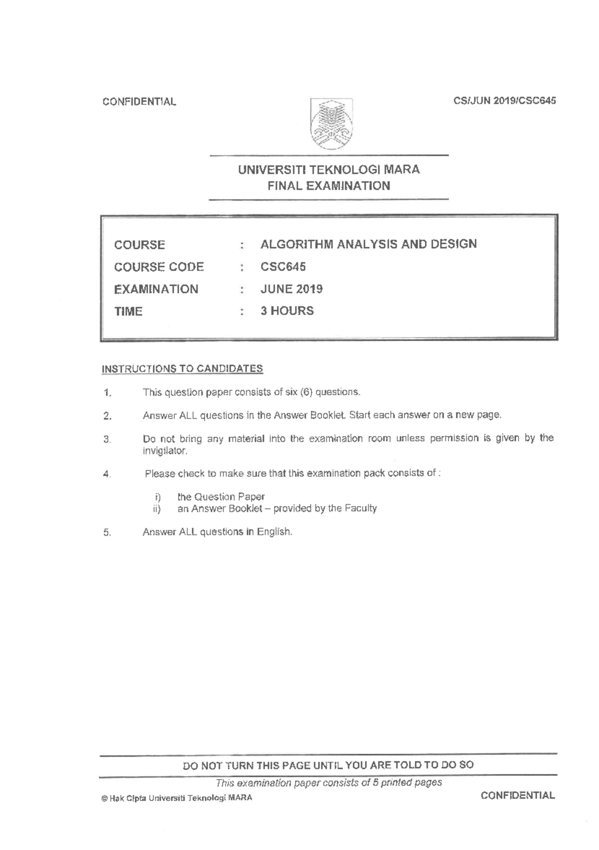 CSC645 Final Exam Paper: Algorithm Analysis & Design - June 2019 - Studocu