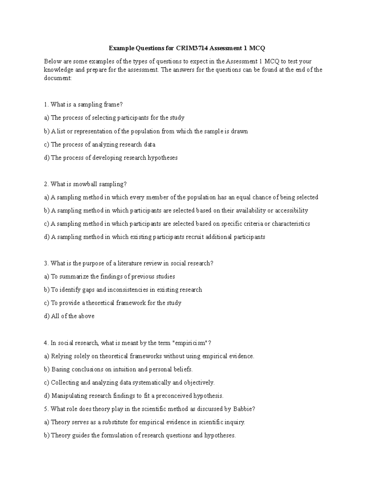 CRIM3714 Example Questions for Assessment 1 MCQ Review - Studocu