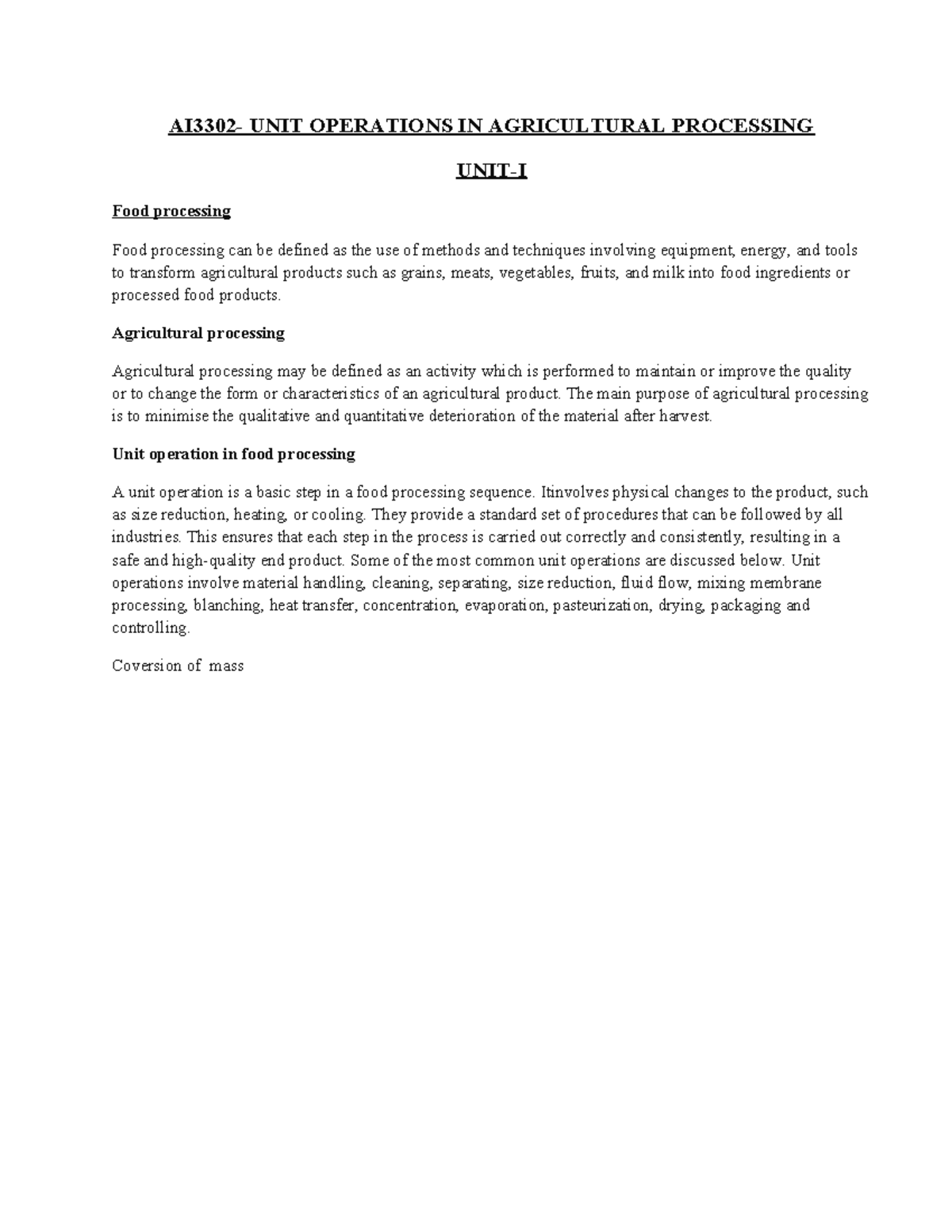 AI3302 - Unit Operations in Agricultural Processing: Food Processing ...