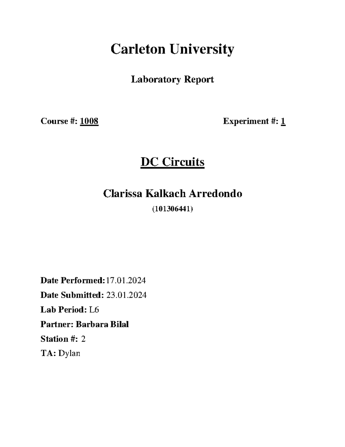 Lab Report for DC Circuits (Course 1008, Experiment 1) - Studocu