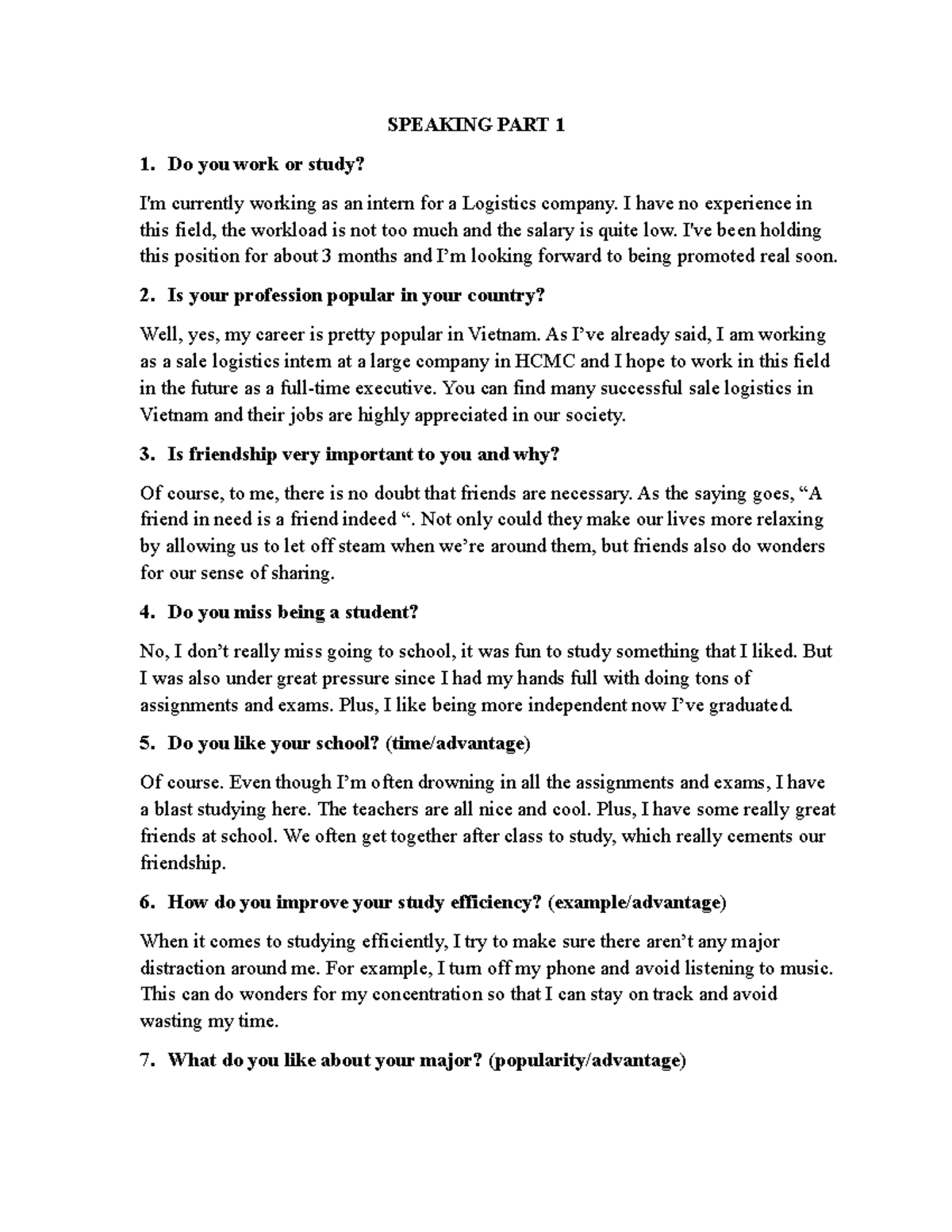 Speaking Part 1 & 2: Insights on Personal Experiences and Reflections ...