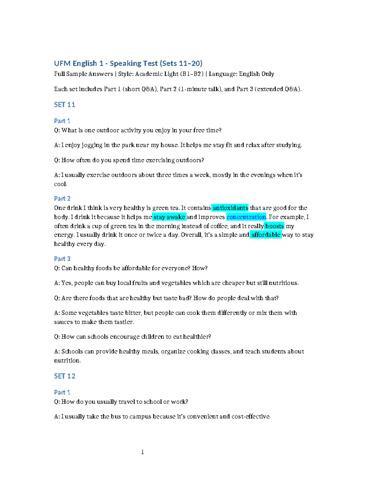UFM English 1 Speaking Test Sets 11-20: Full Sample Answers - Studocu