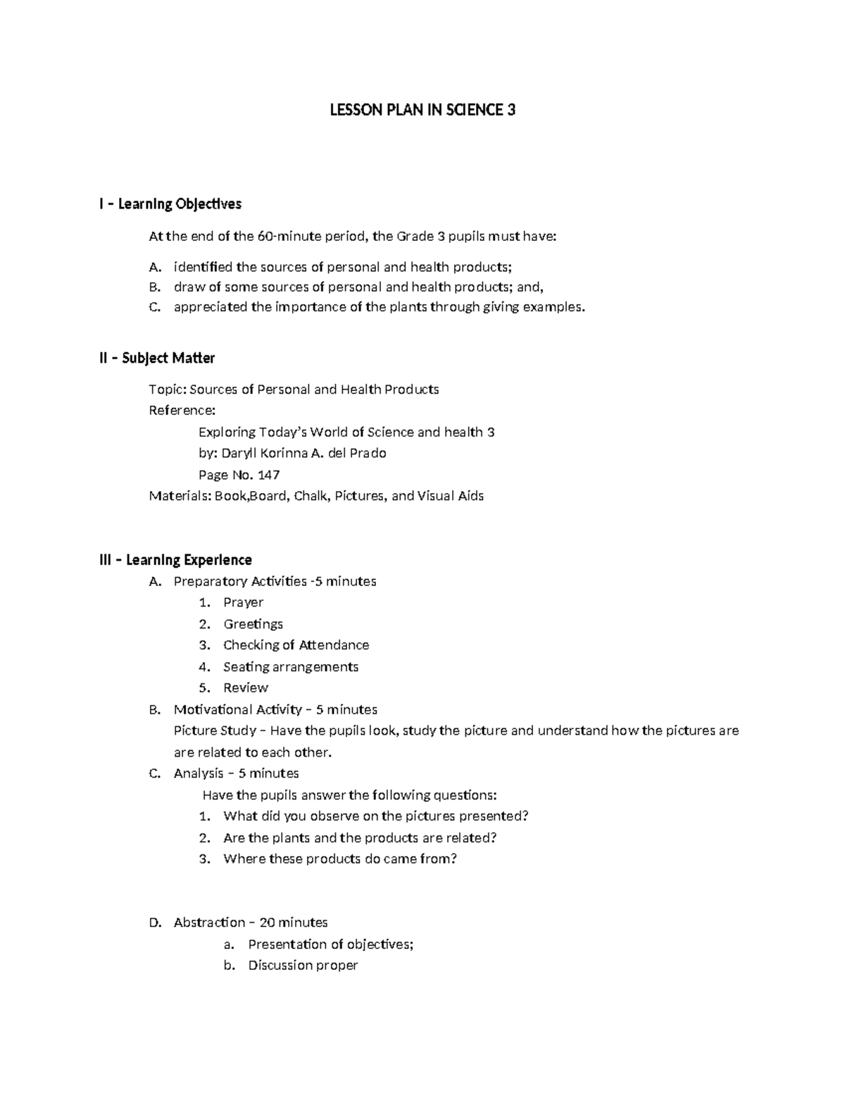 SCI 3: Lesson Plan on Sources of Personal and Health Products - Studocu