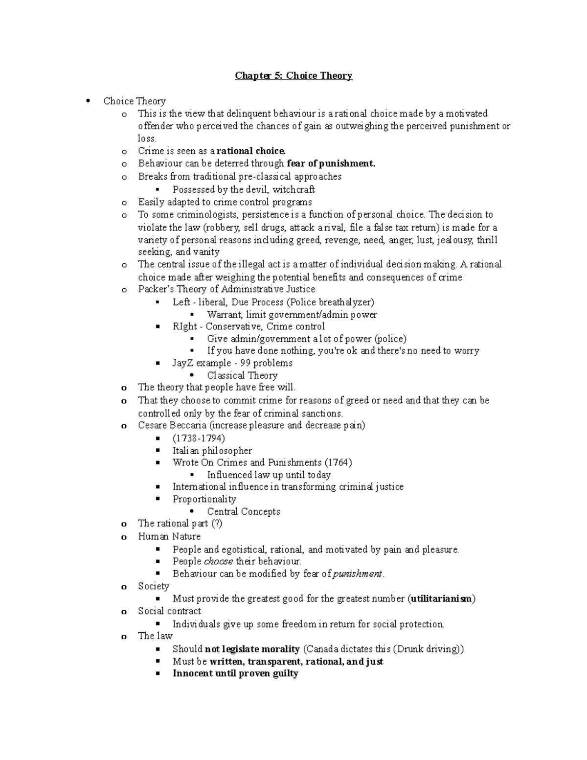 Chapter 5 - notes - Chapter 5: Choice Theory Choice Theory o This is ...