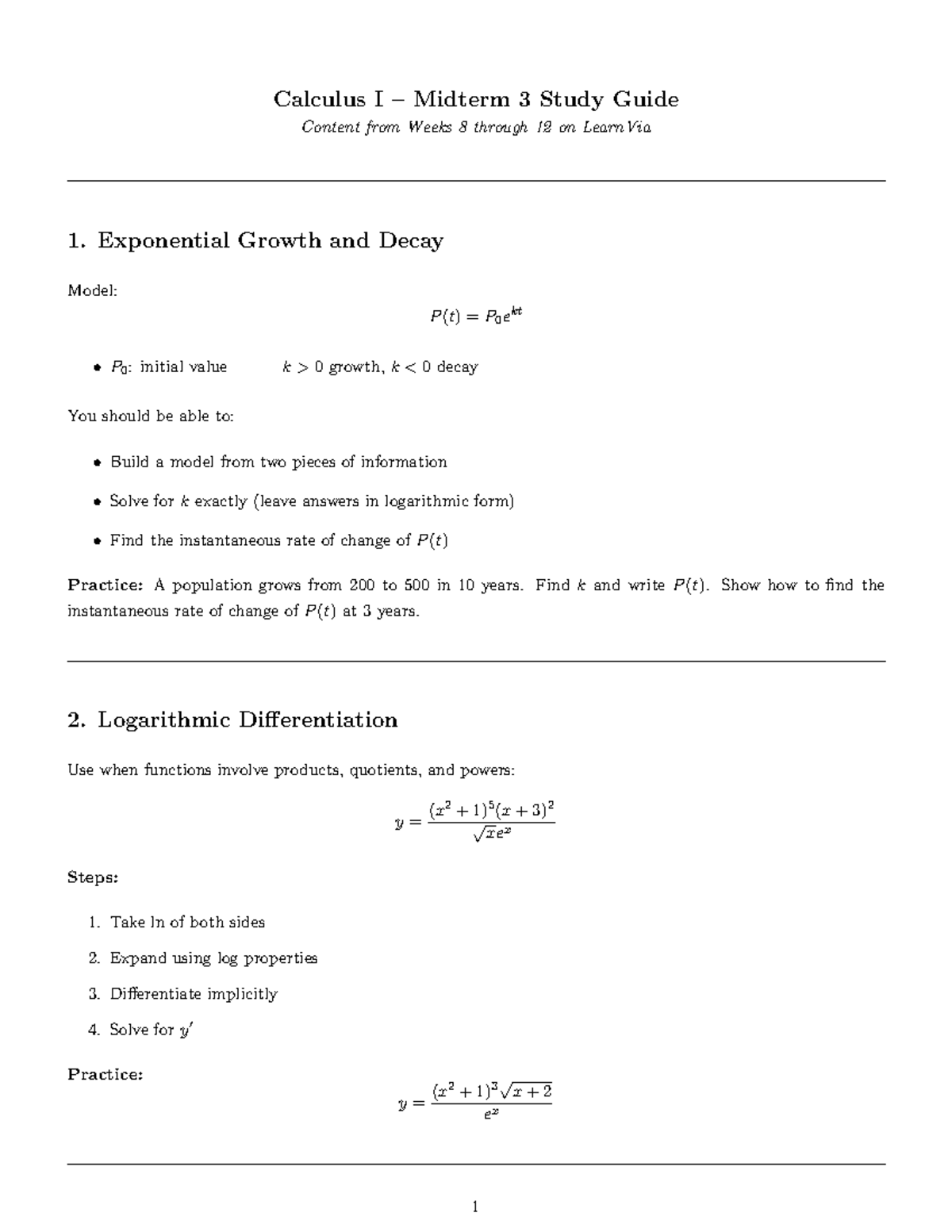 Calculus I – Midterm 3 Study Guide - Studocu