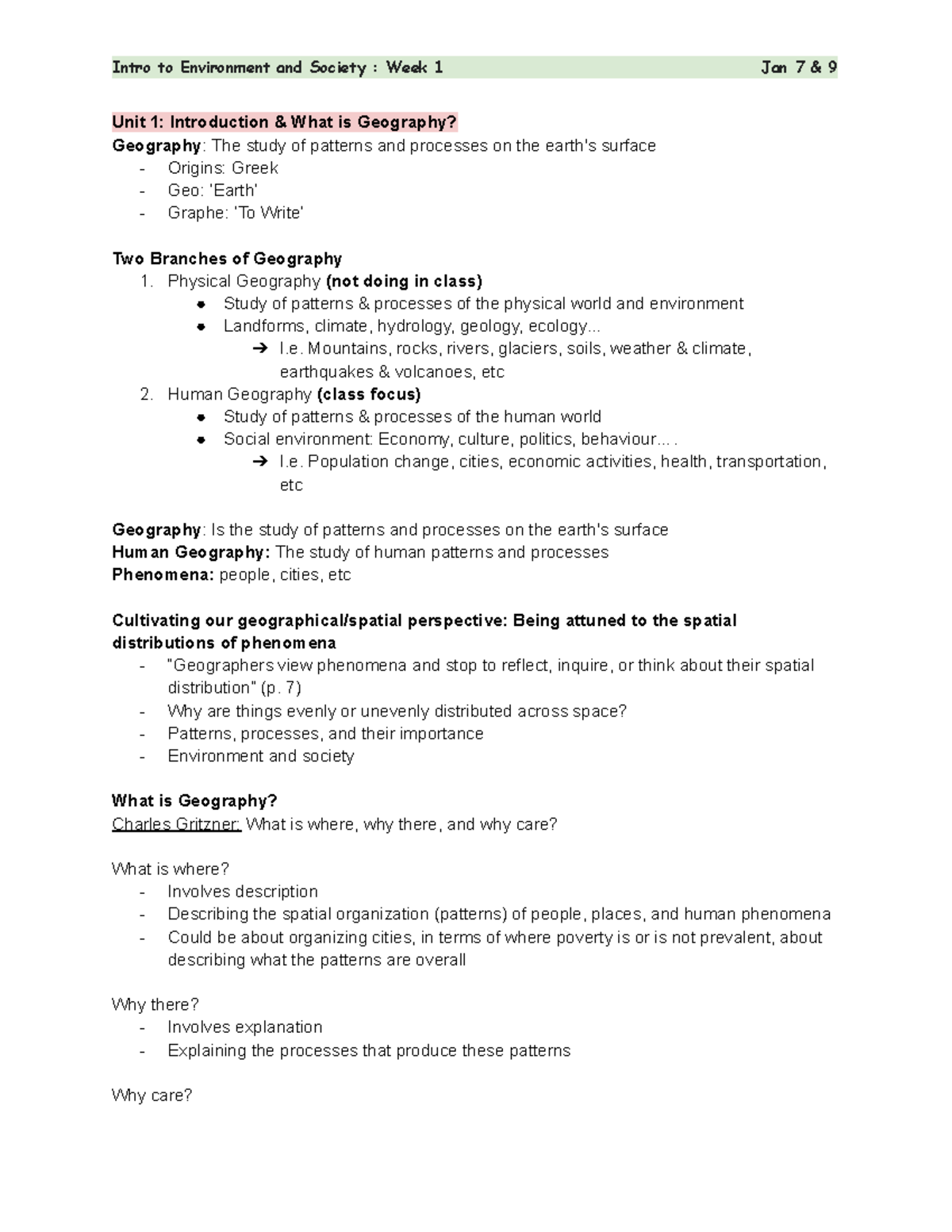 Intro to ENV: Week 1 - Understanding Geography and Human Patterns - Studocu