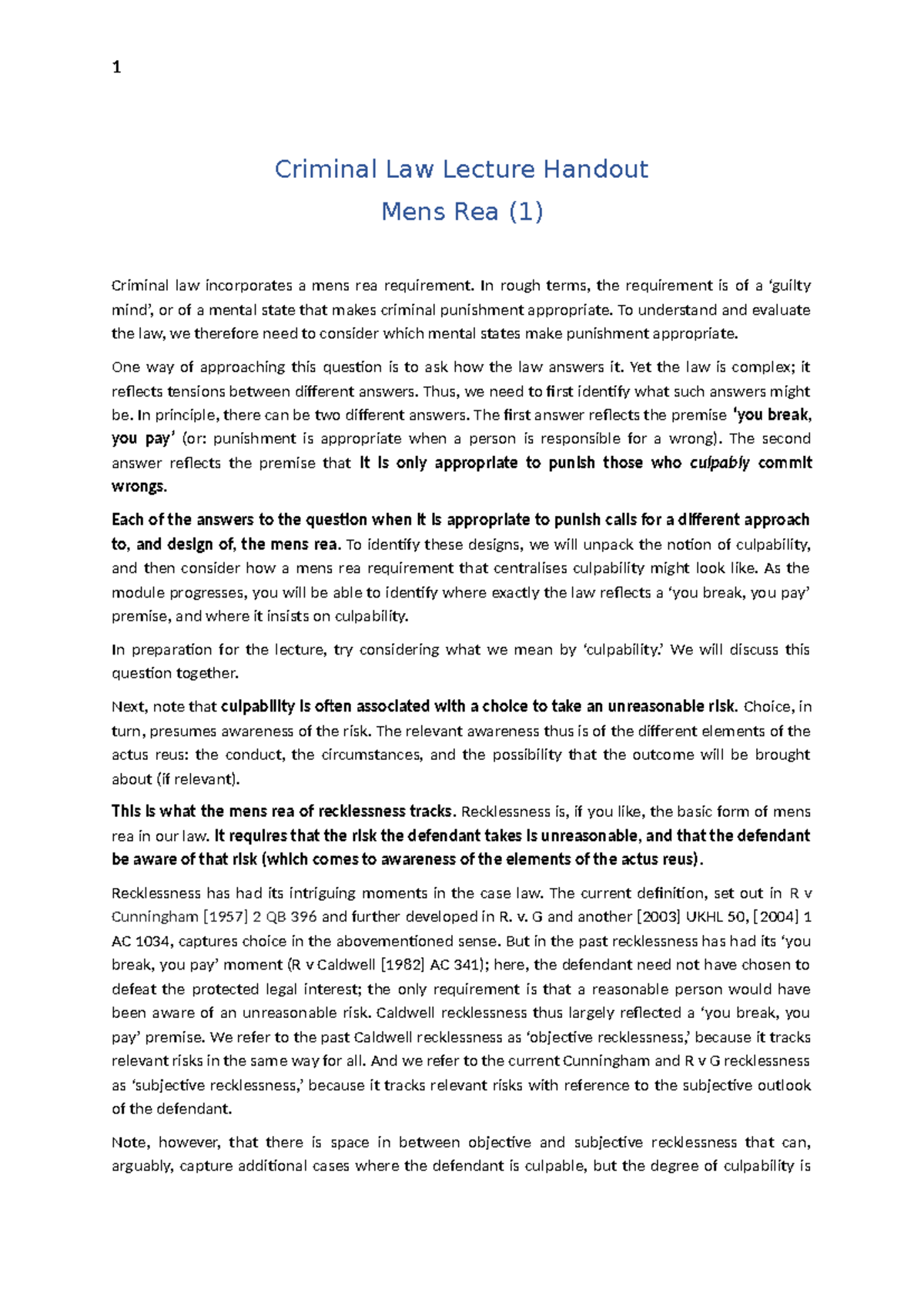 Mens Rea in Criminal Law: Key Concepts and Lecture Notes - Studocu