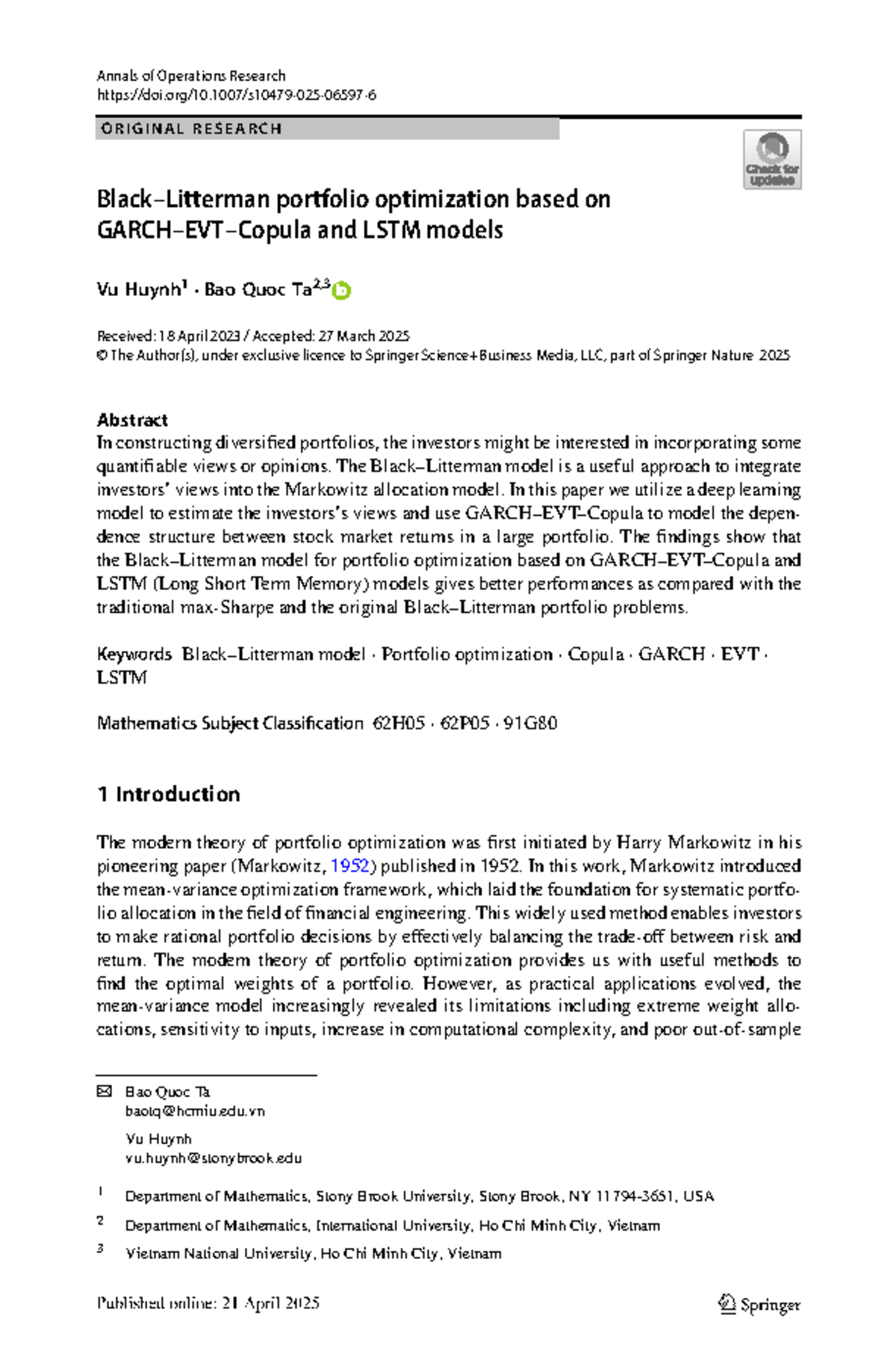 BL OPTI: Portfolio Optimization Using GARCH, Copula, and LSTM Models ...