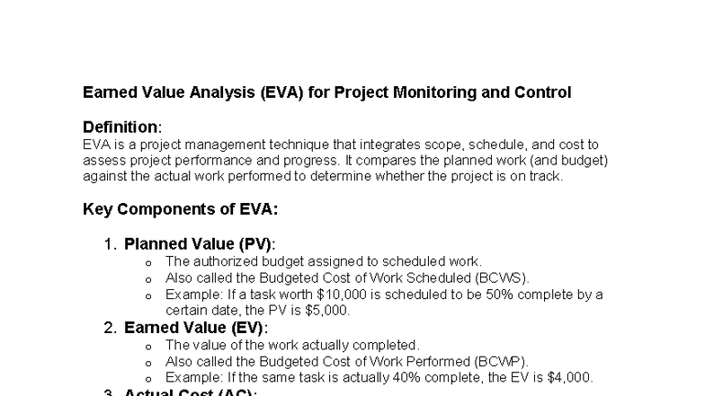 EVA for Project Monitoring & Control: Key Concepts & Metrics - Studocu