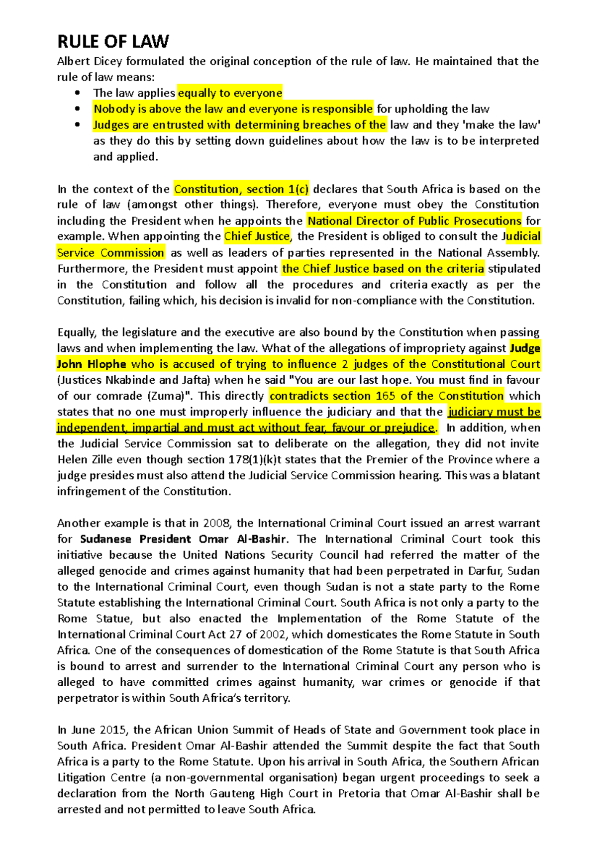 04 CSL2601 2017 Final Exam Notes on the Rule of Law in South Africa ...