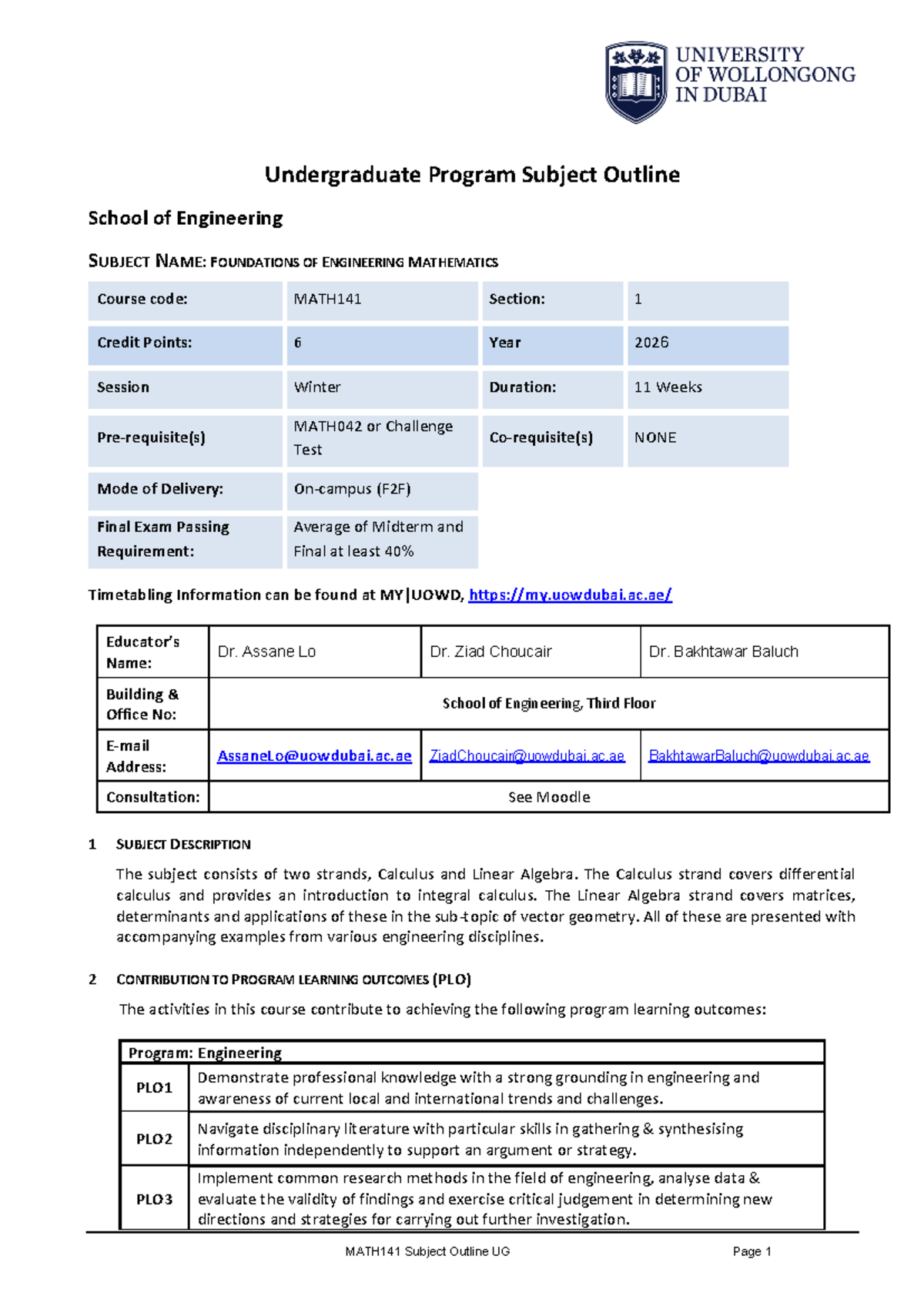MATH141 Foundations of Engineering Mathematics Subject Outline - Studocu