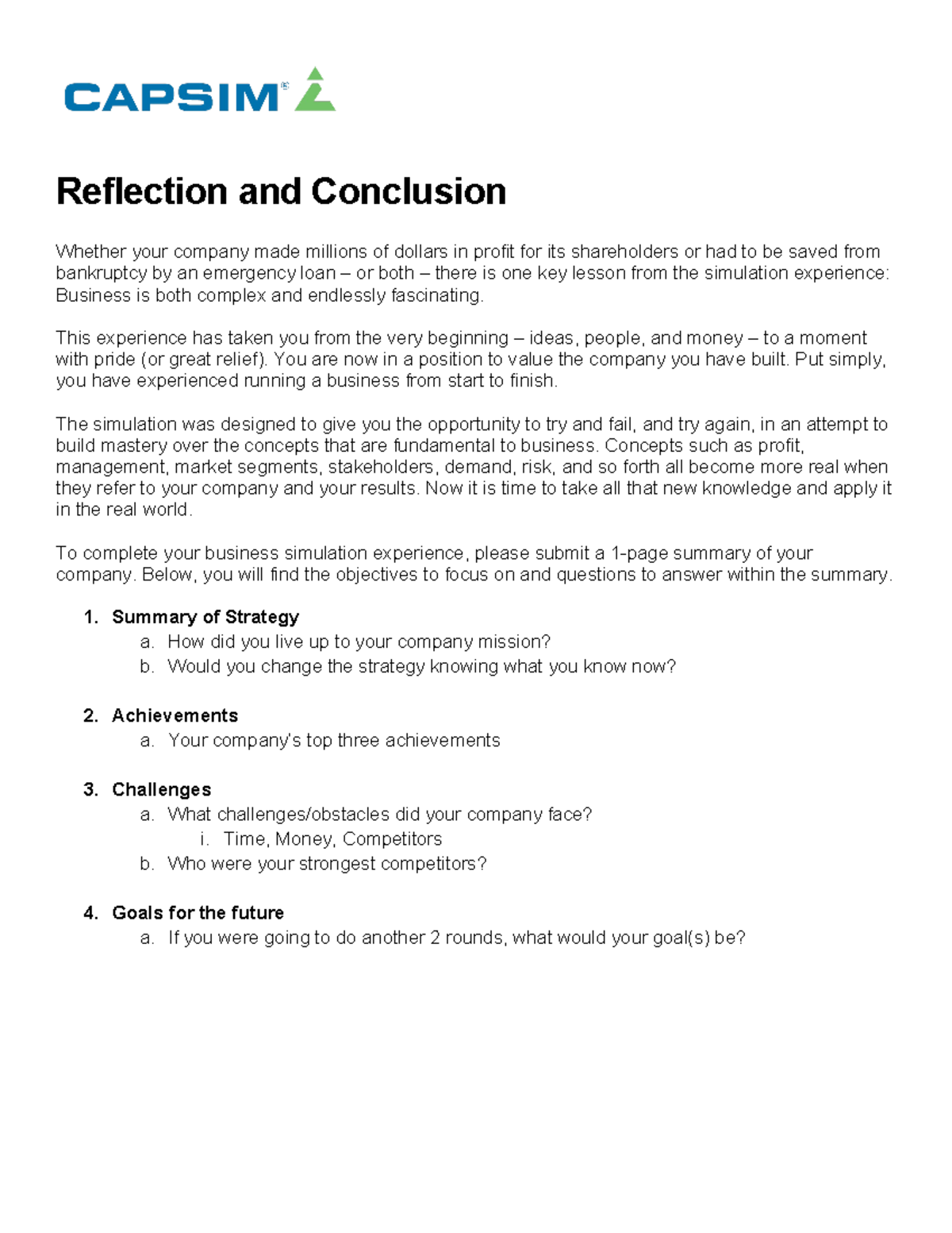 Reflection and Conclusion on Business Simulation Experience - Studocu
